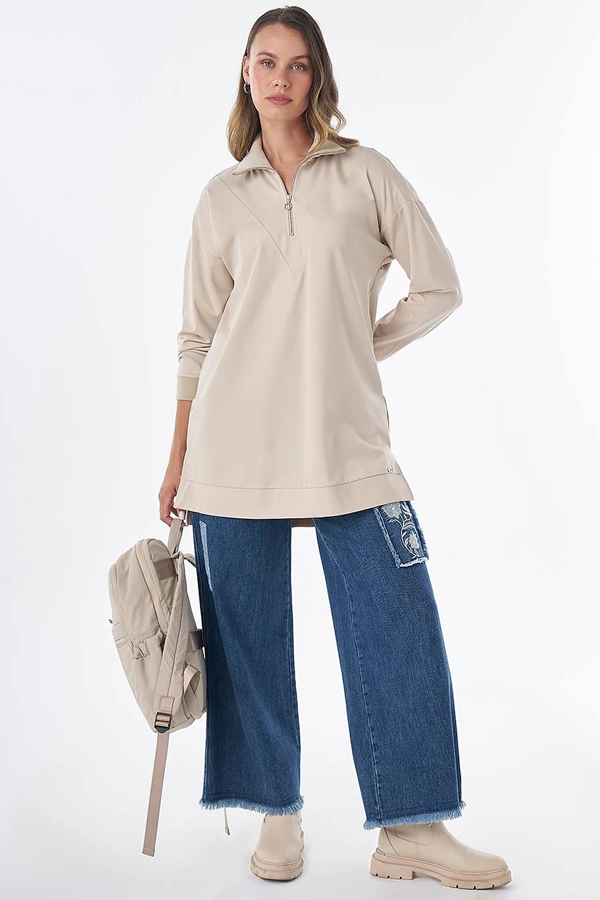 Stitch Detail Rayon Sweatshirt – Stone