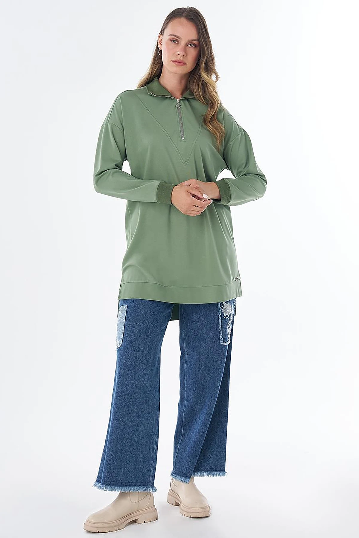 Stitch Detail Rayon Sweatshirt – Moss Green