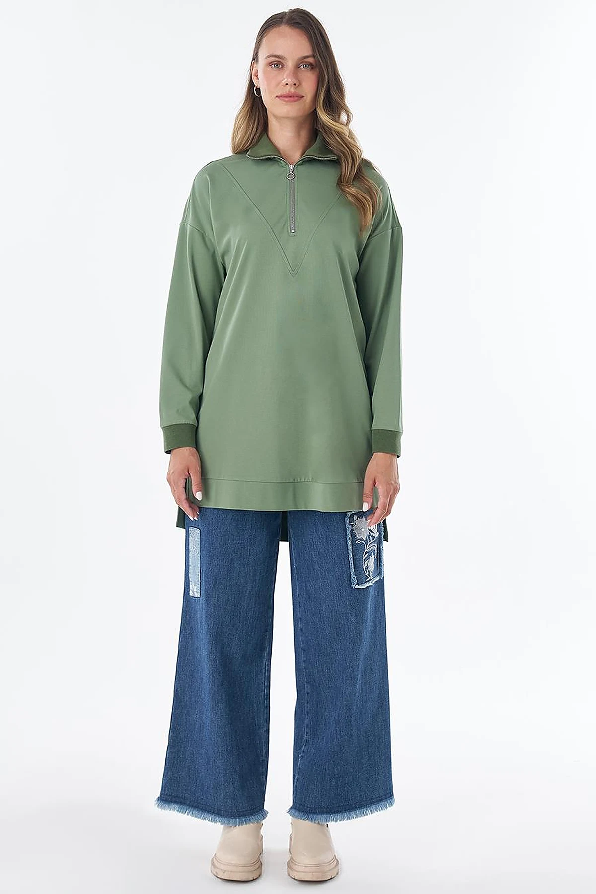 Stitch Detail Rayon Sweatshirt – Moss Green