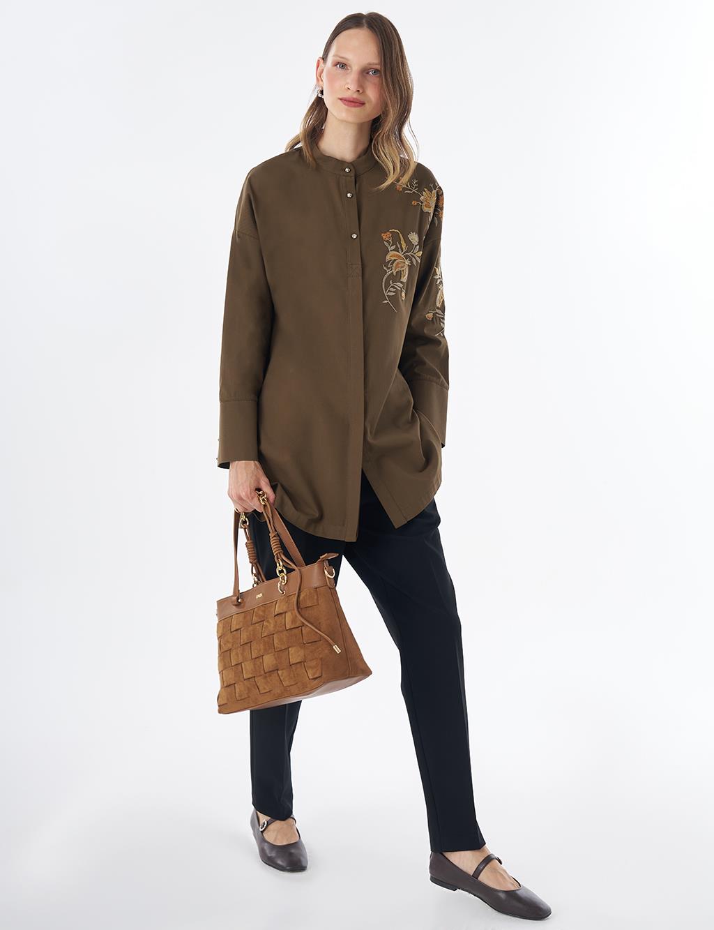 100% Cotton Mandarin Collar Tunic – Dark Khaki