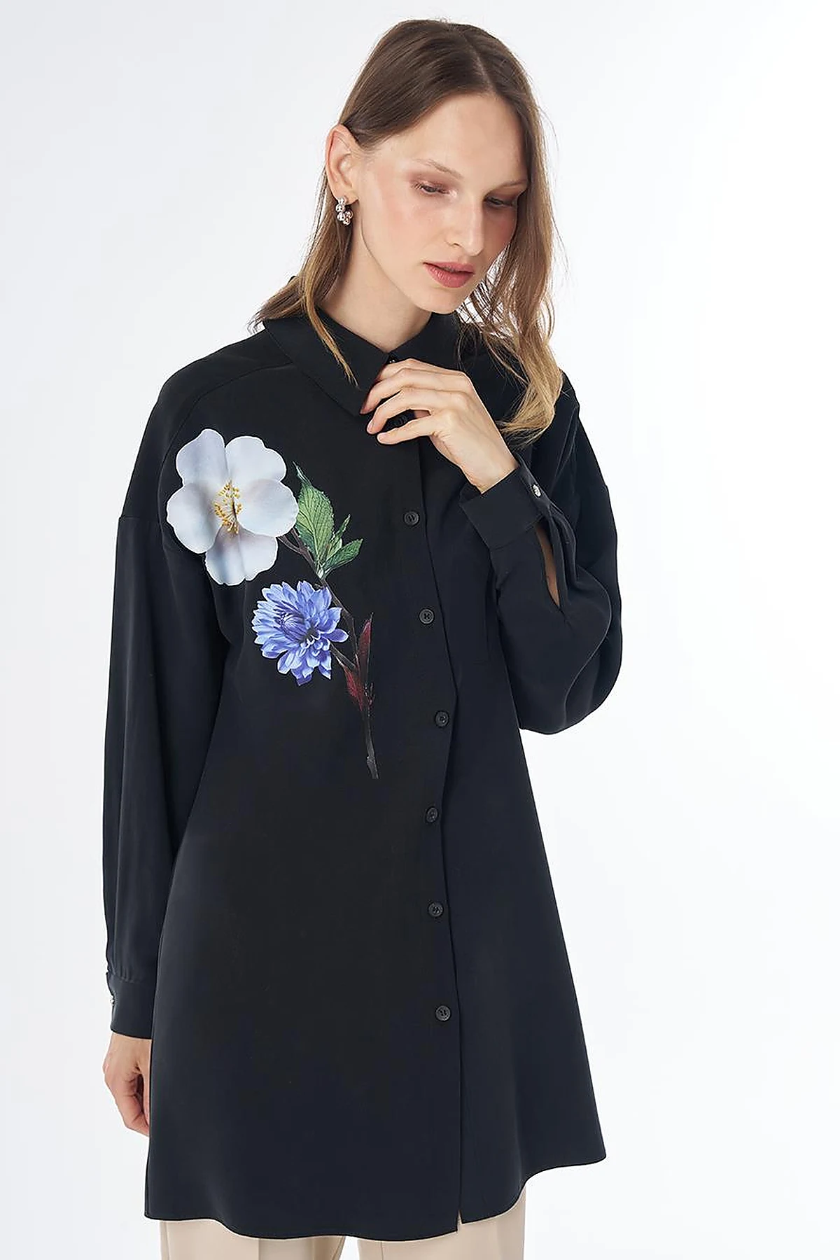 Floral Print Rayon Tunic – Black