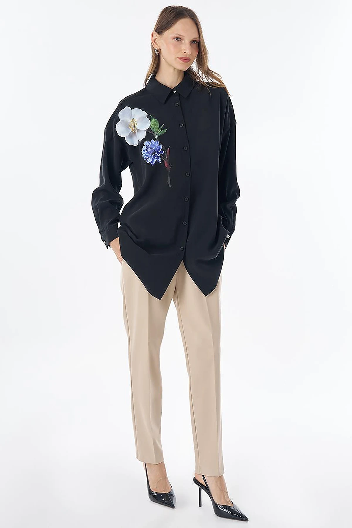 Floral Print Rayon Tunic – Black