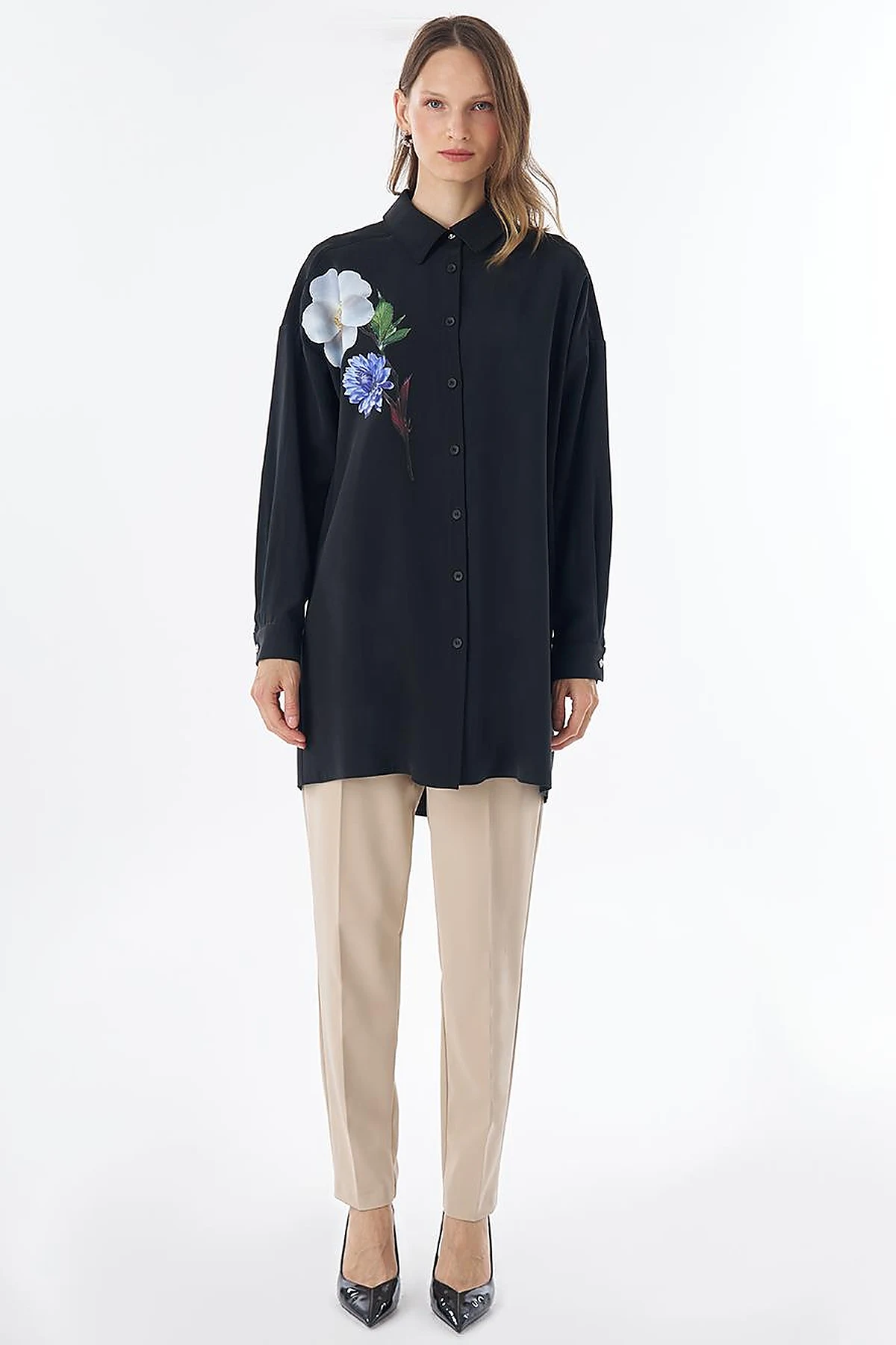 Floral Print Rayon Tunic – Black