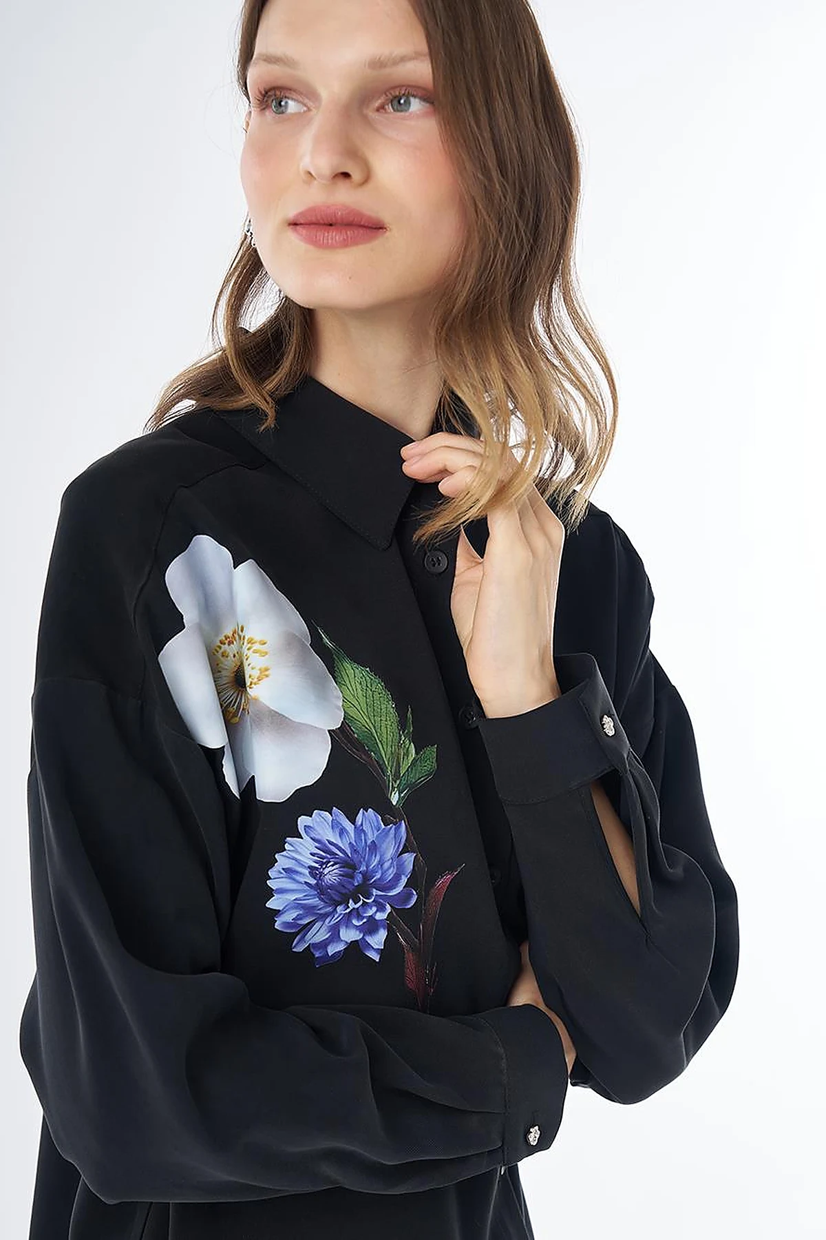Floral Print Rayon Tunic – Black