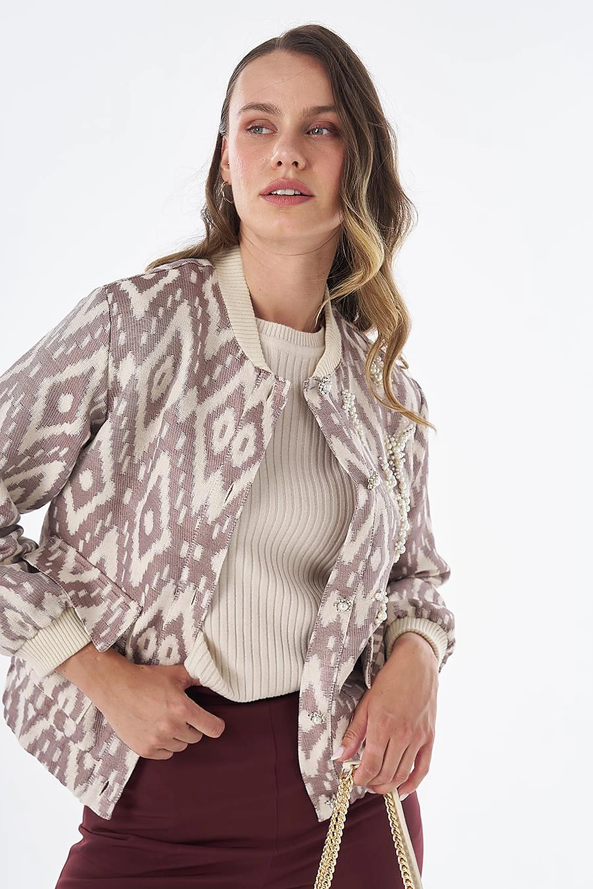 Pearl-Embellished Bomber Jacket – Brown