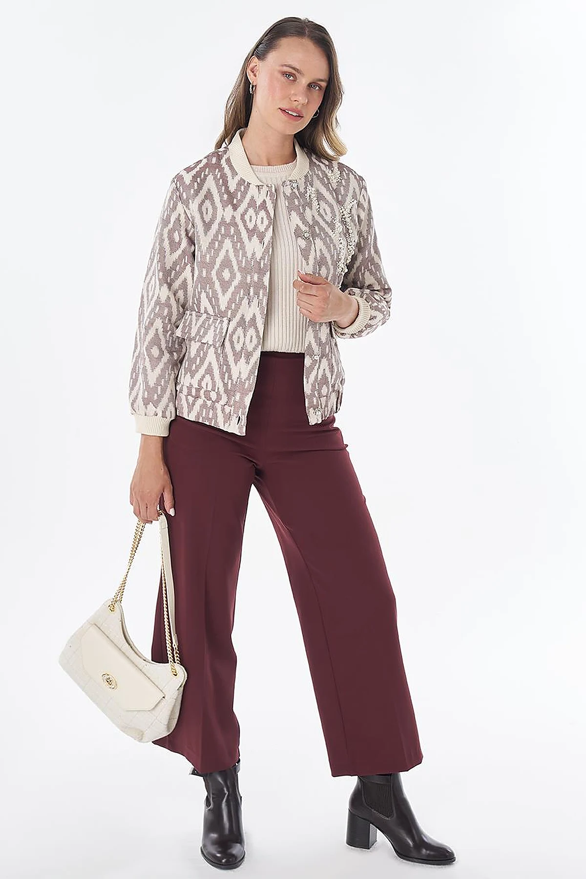 Pearl-Embellished Bomber Jacket – Brown