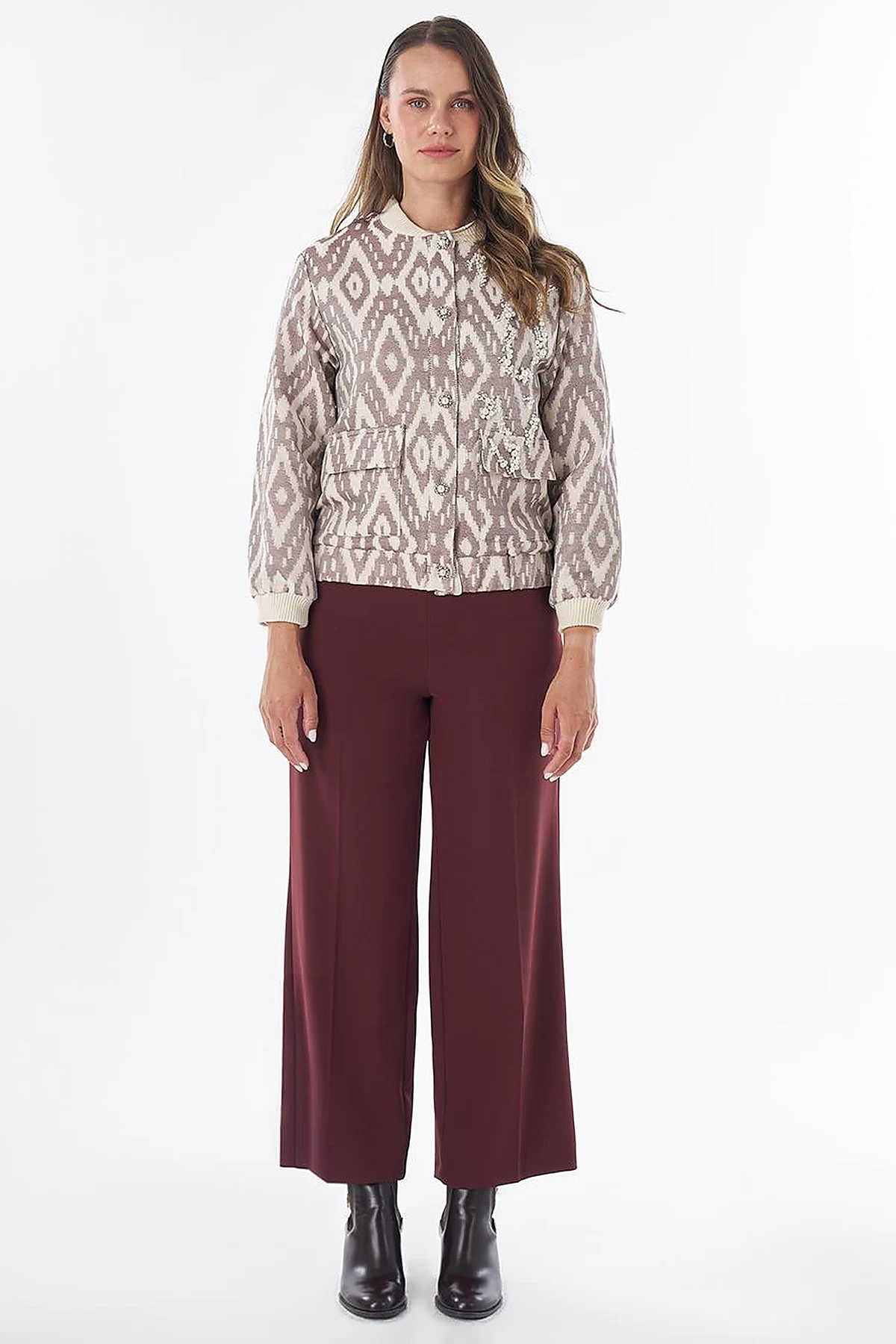 Pearl-Embellished Bomber Jacket – Brown