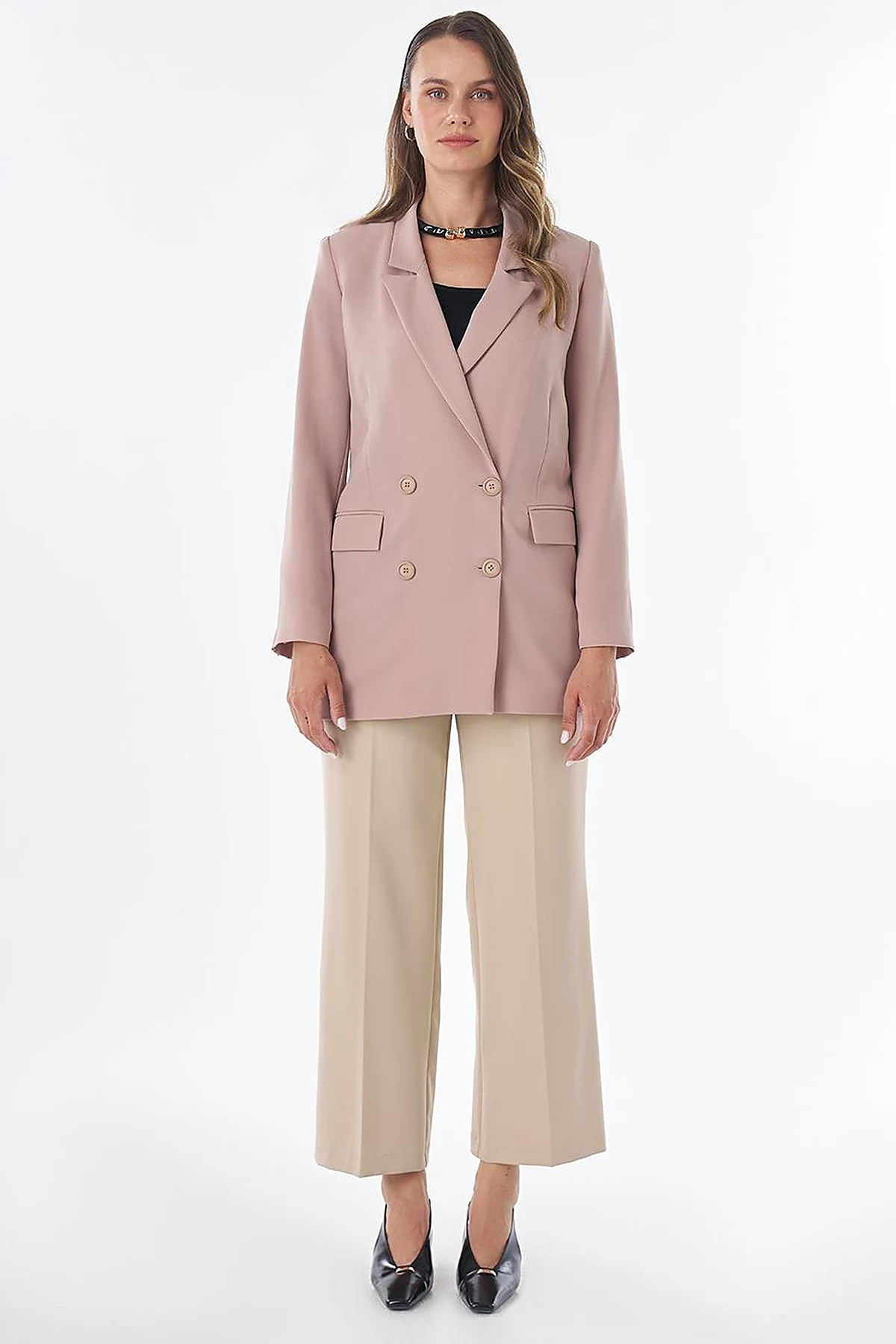 Cover Pocket Crepe Blazer Jacket Beige
