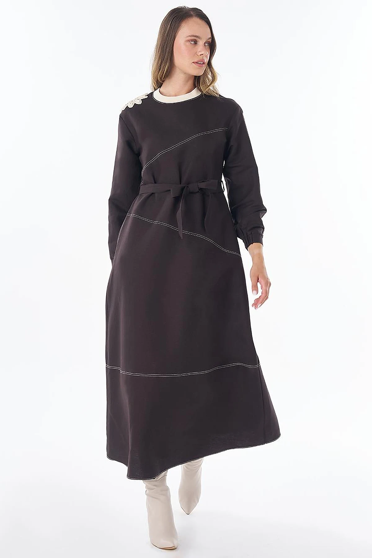 100% Cotton Piece Stitched Dress Brown