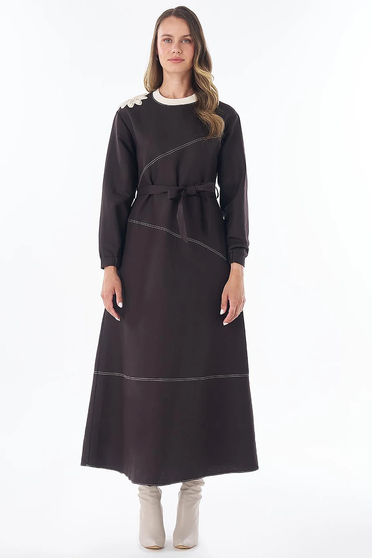 100% Cotton Piece Stitched Dress Brown