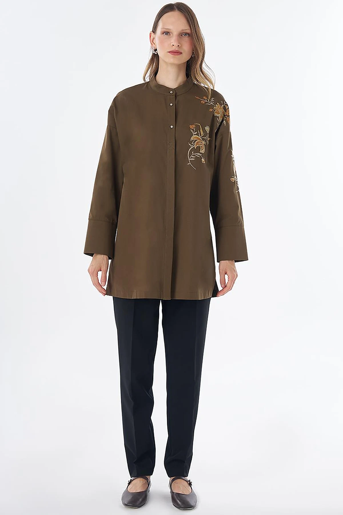 100% Cotton Mandarin Collar Tunic – Dark Khaki