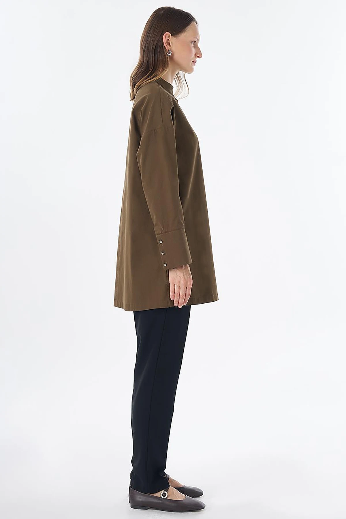 100% Cotton Mandarin Collar Tunic – Dark Khaki