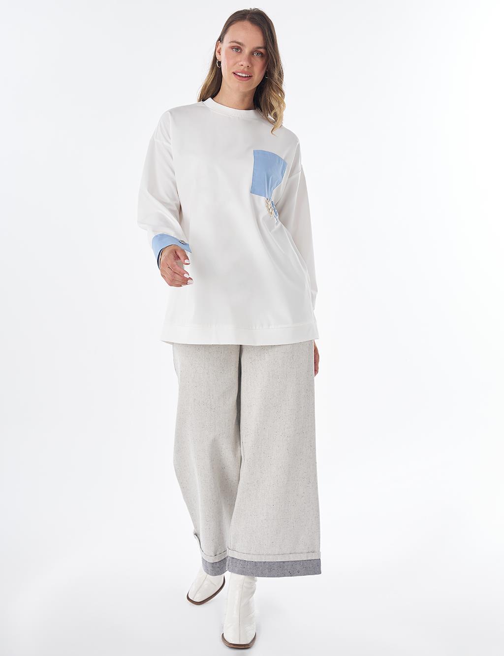 Nakış Aplikeli Viskon Sweatshirt Ekru 