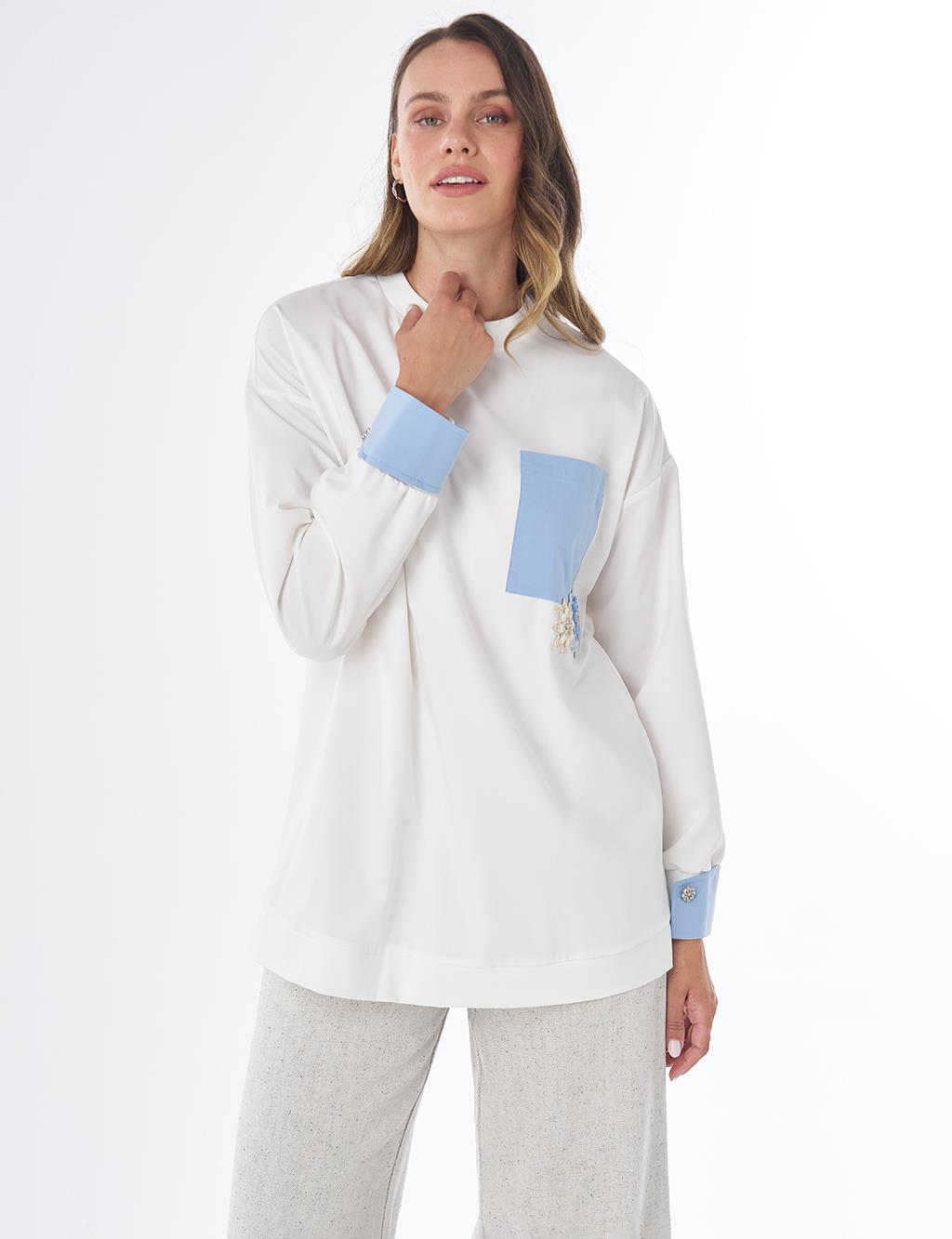 Nakış Aplikeli Viskon Sweatshirt Ekru 