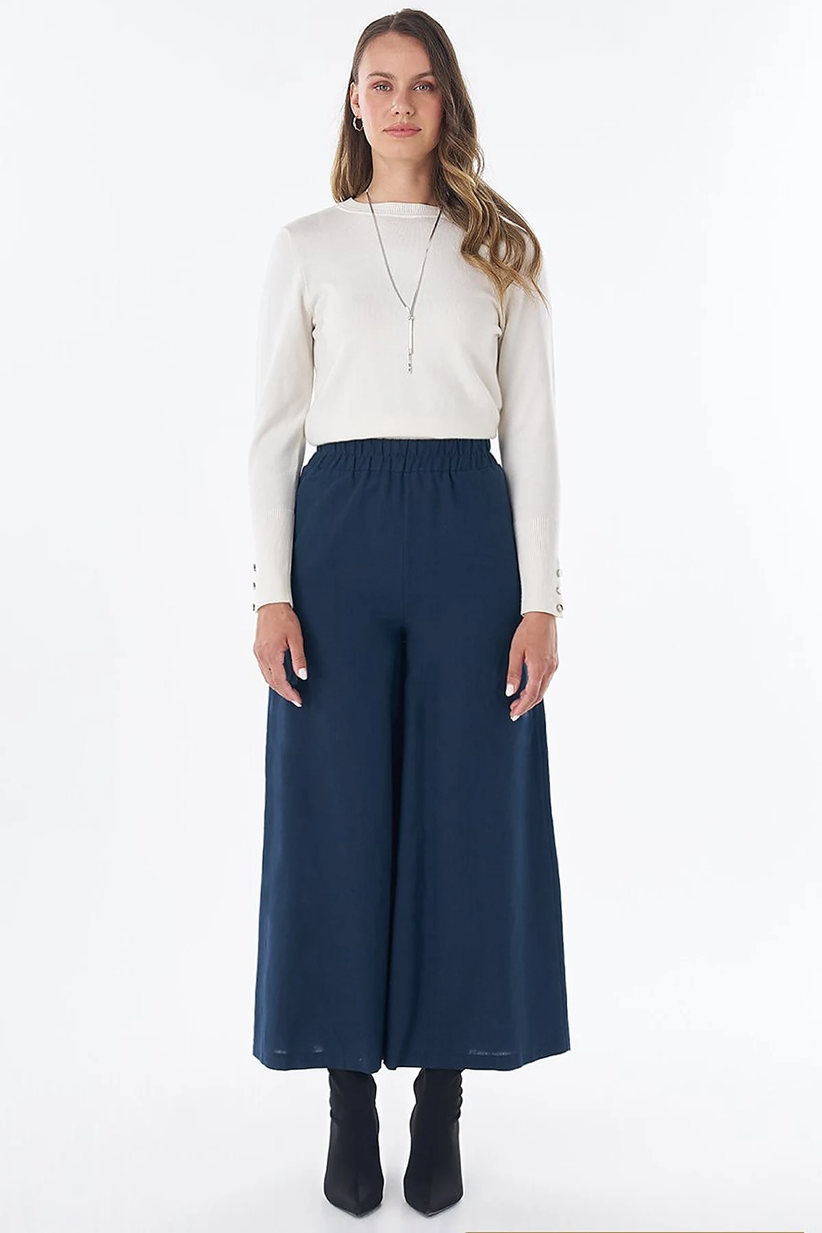 Wide-Leg Cotton Linen Pants – Dark Navy
