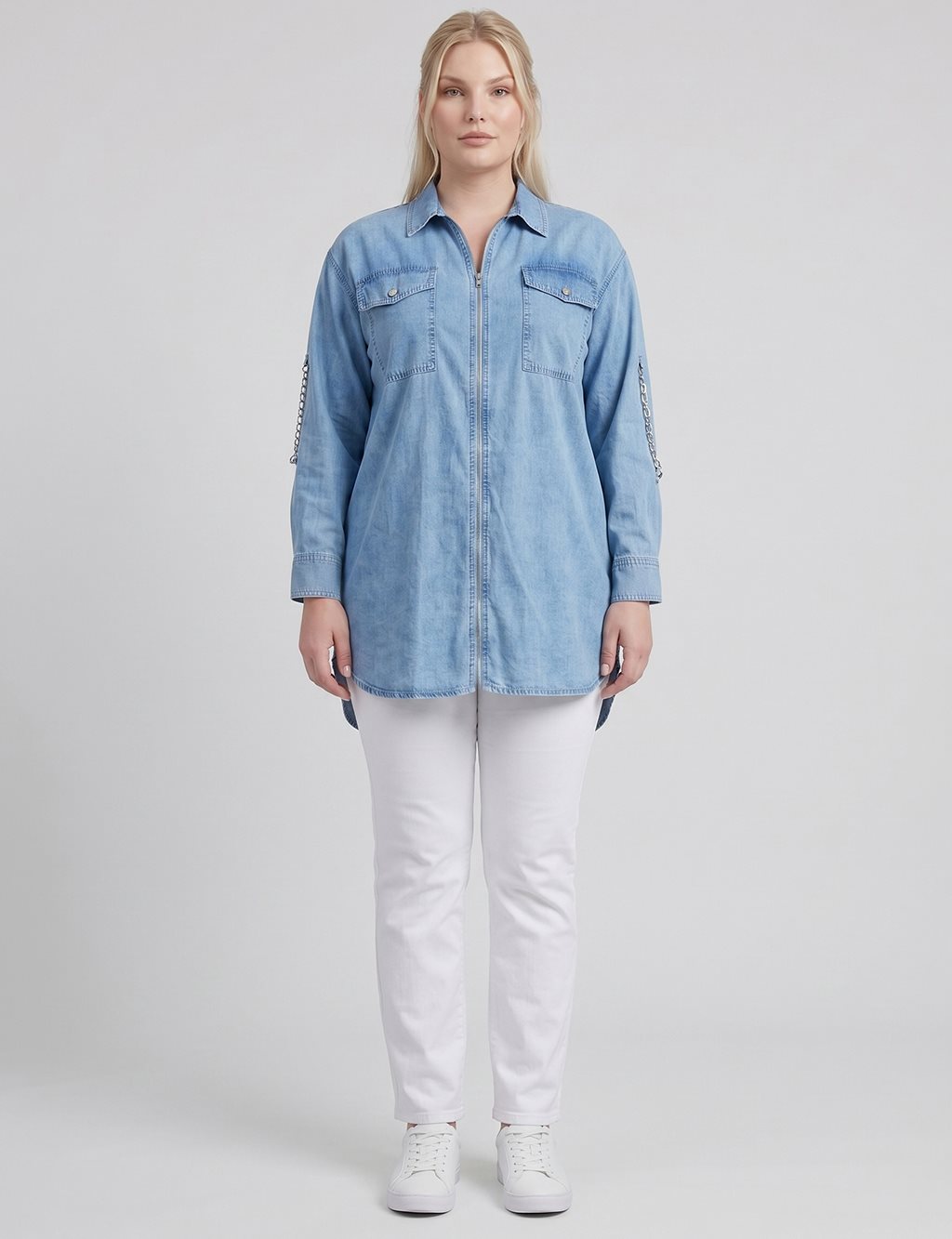 Zip-Up Chain Detail Blouse Blue