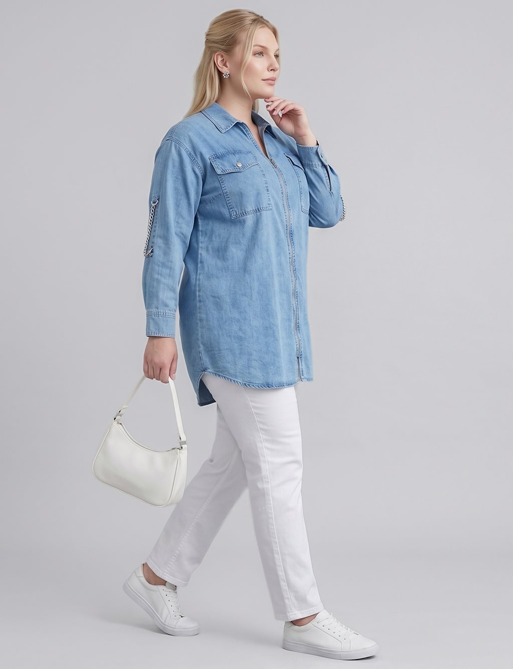 Zip-Up Chain Detail Blouse Blue