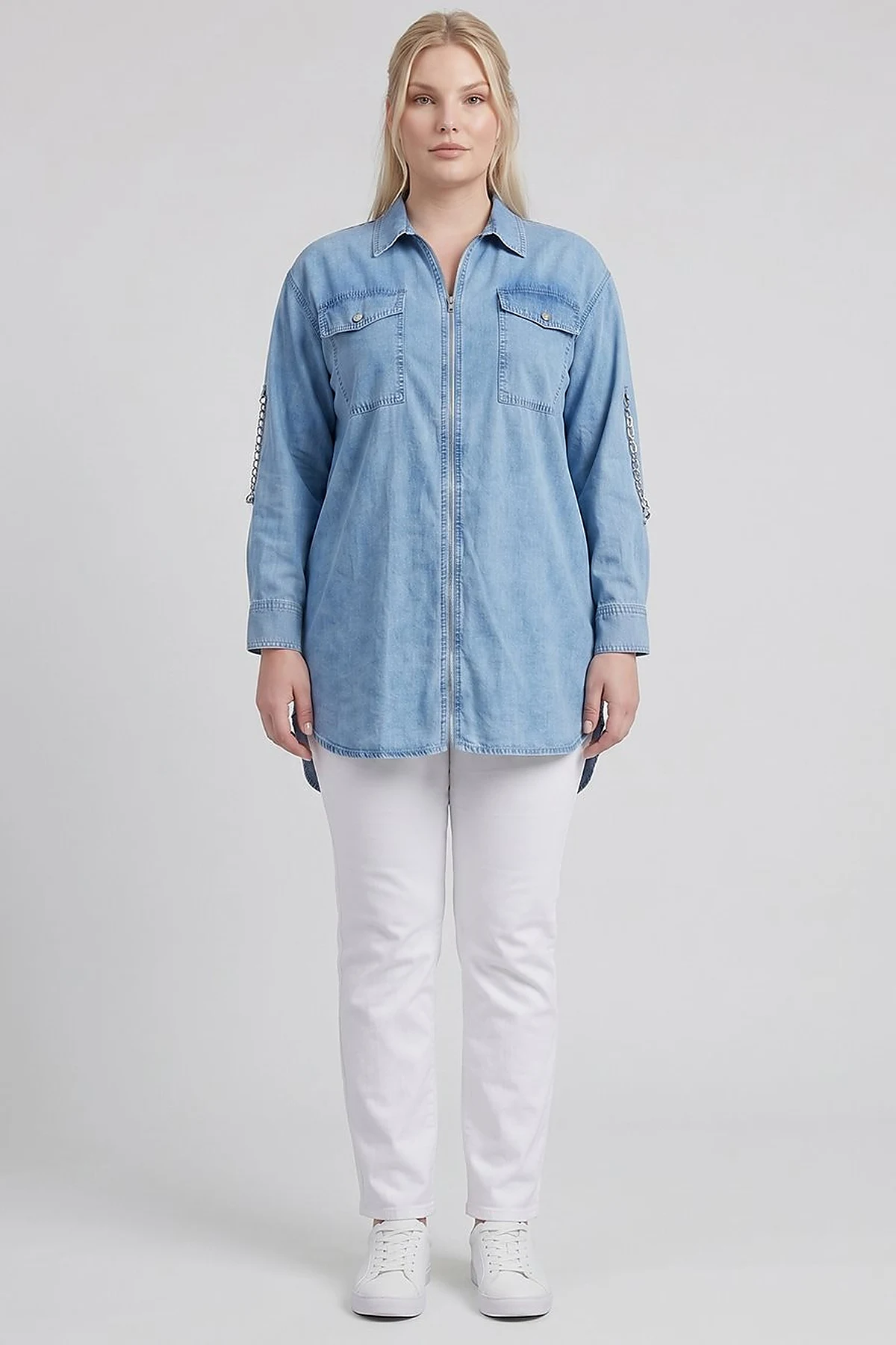 Zip-Up Chain Detail Blouse Blue