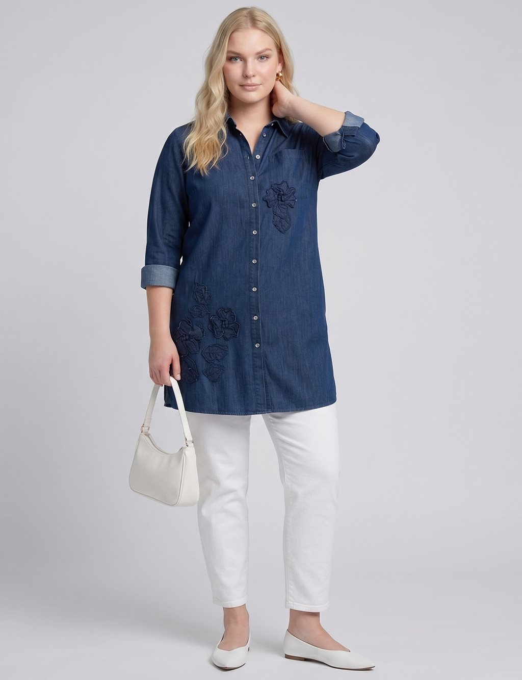 Washed Tunic with Embroidered Appliqué – Indigo