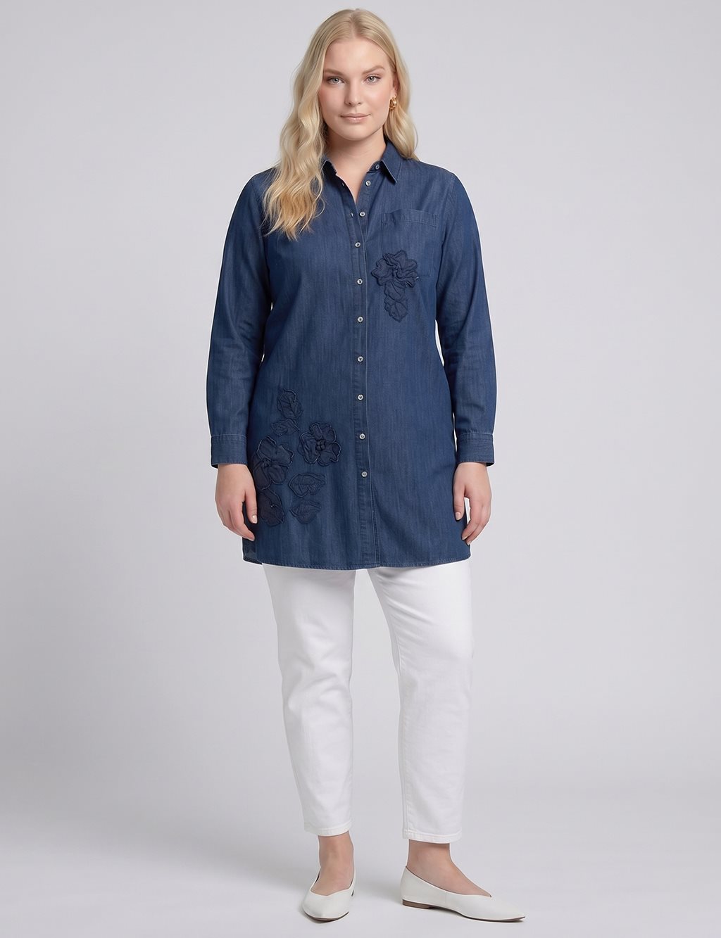 Washed Tunic with Embroidered Appliqué – Indigo