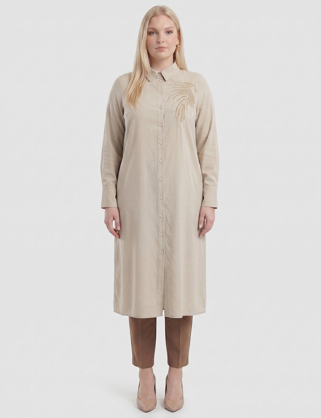 Embroidered Appliqué Modal Long Tunic – Moss Green