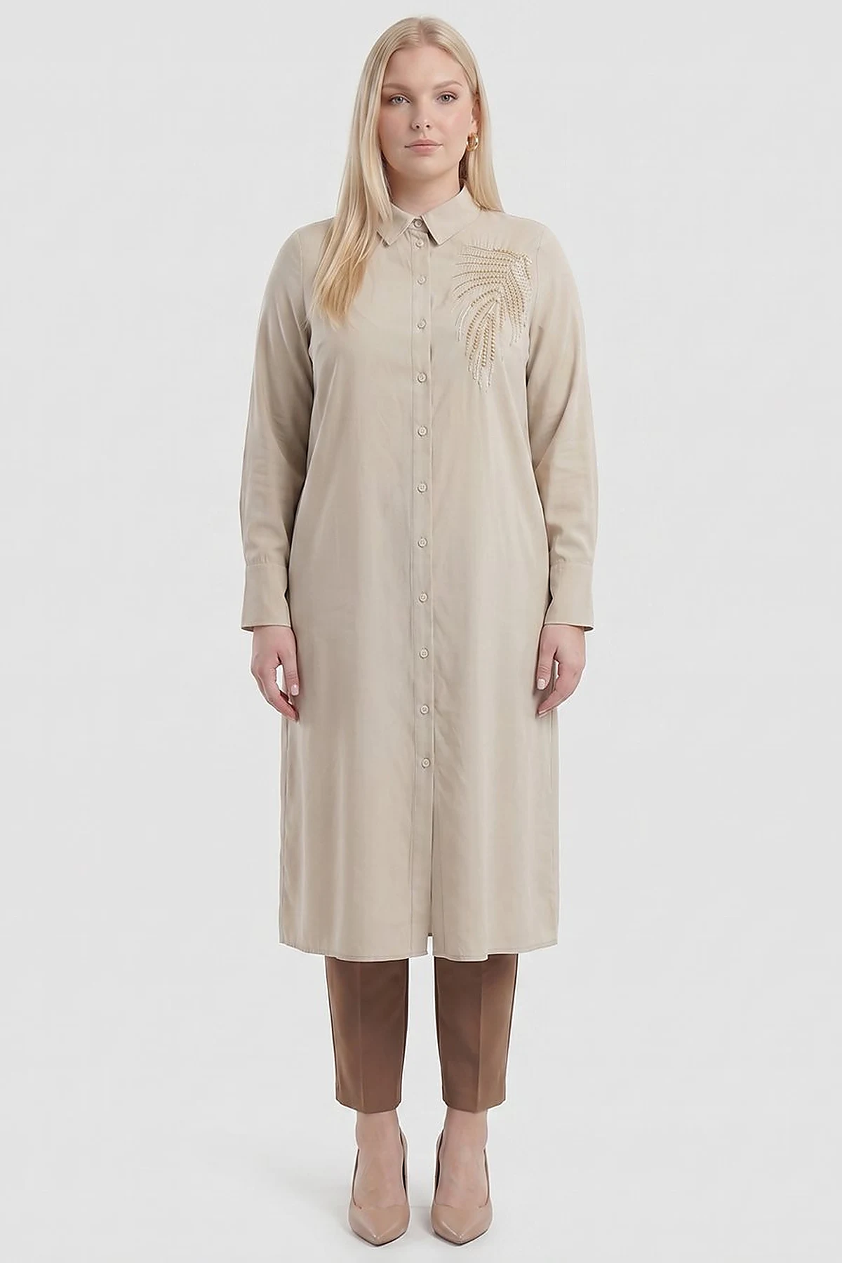 Embroidered Appliqué Modal Long Tunic – Moss Green