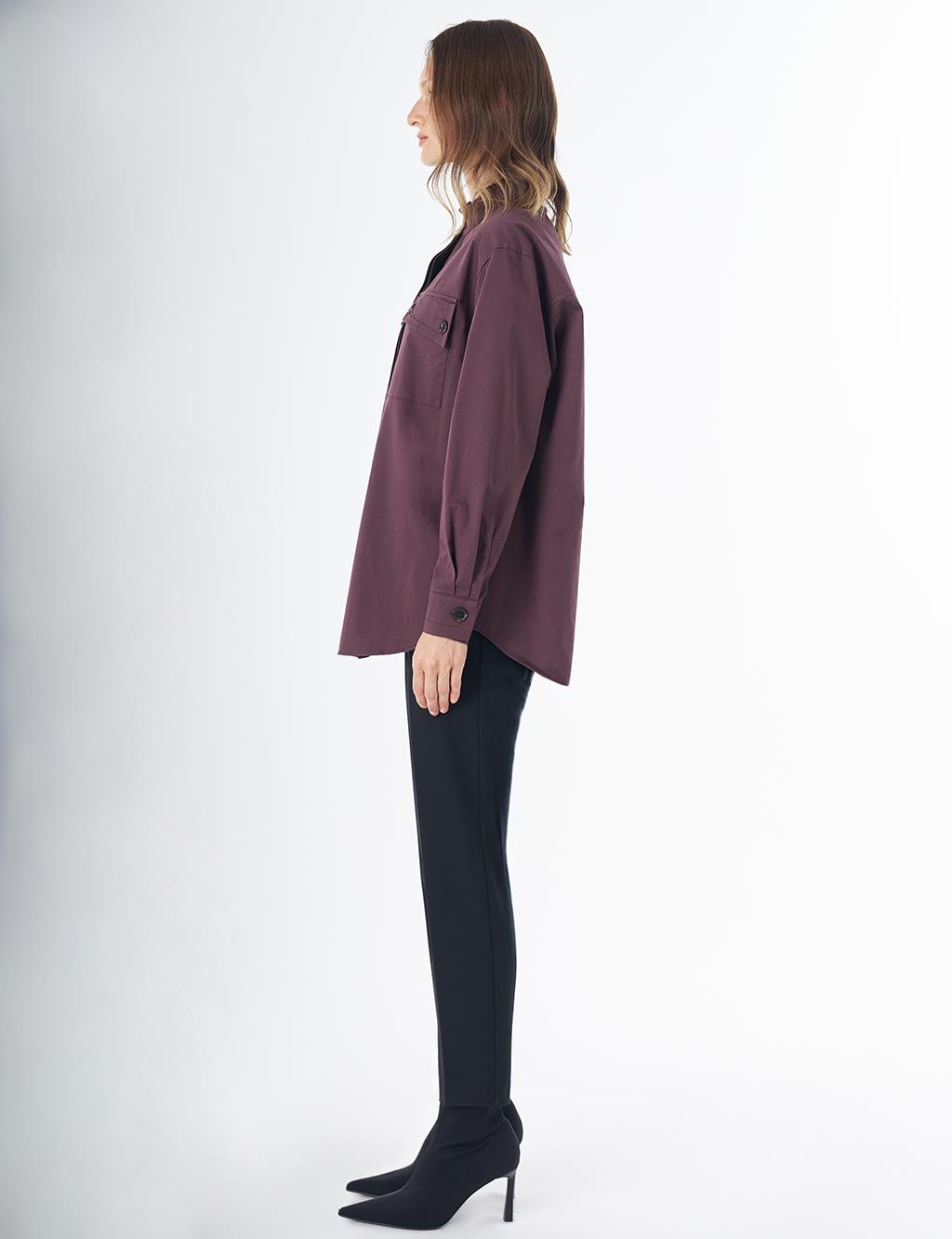 Band Collar Cotton Blouse Cocoa Powder