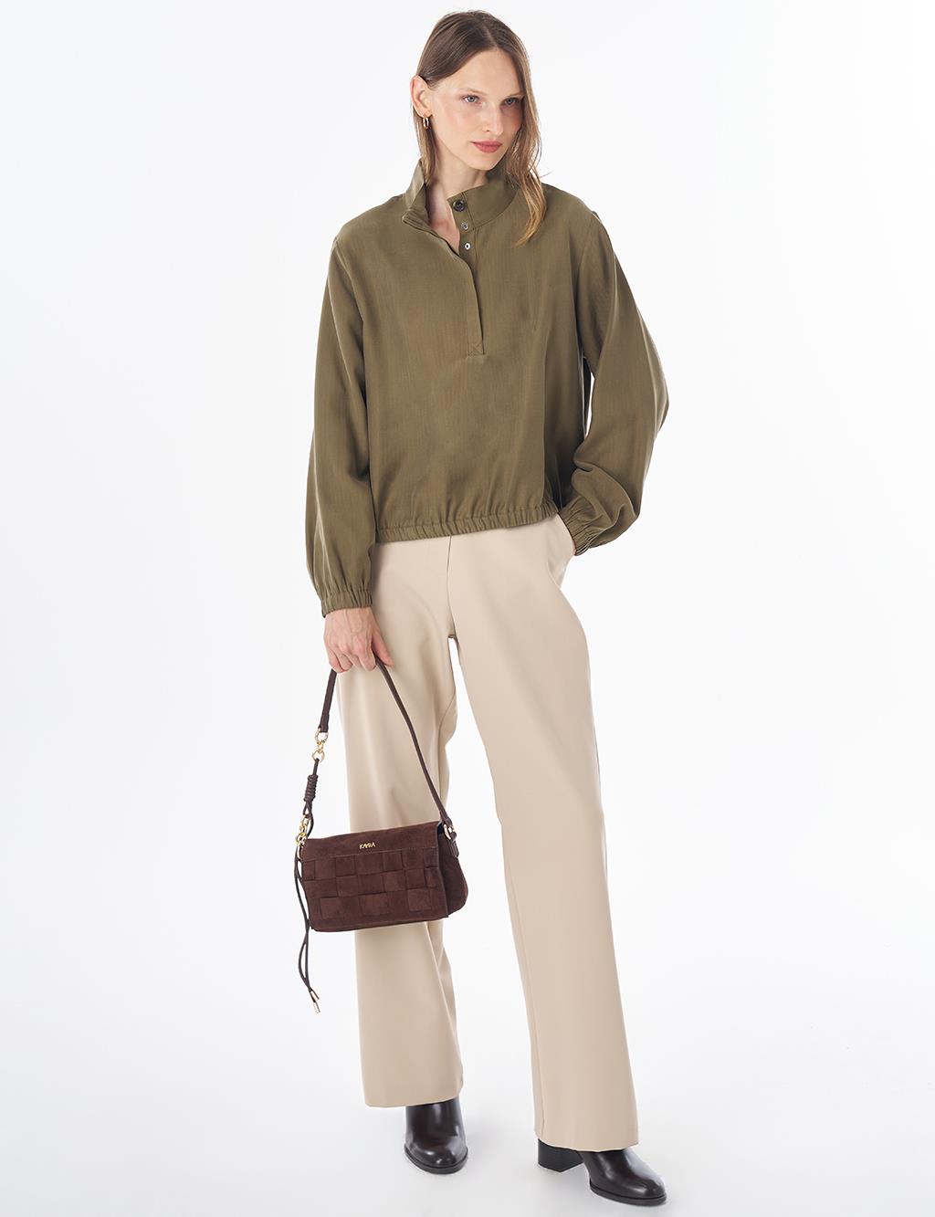Stand Collar Rayon Blouse Khaki