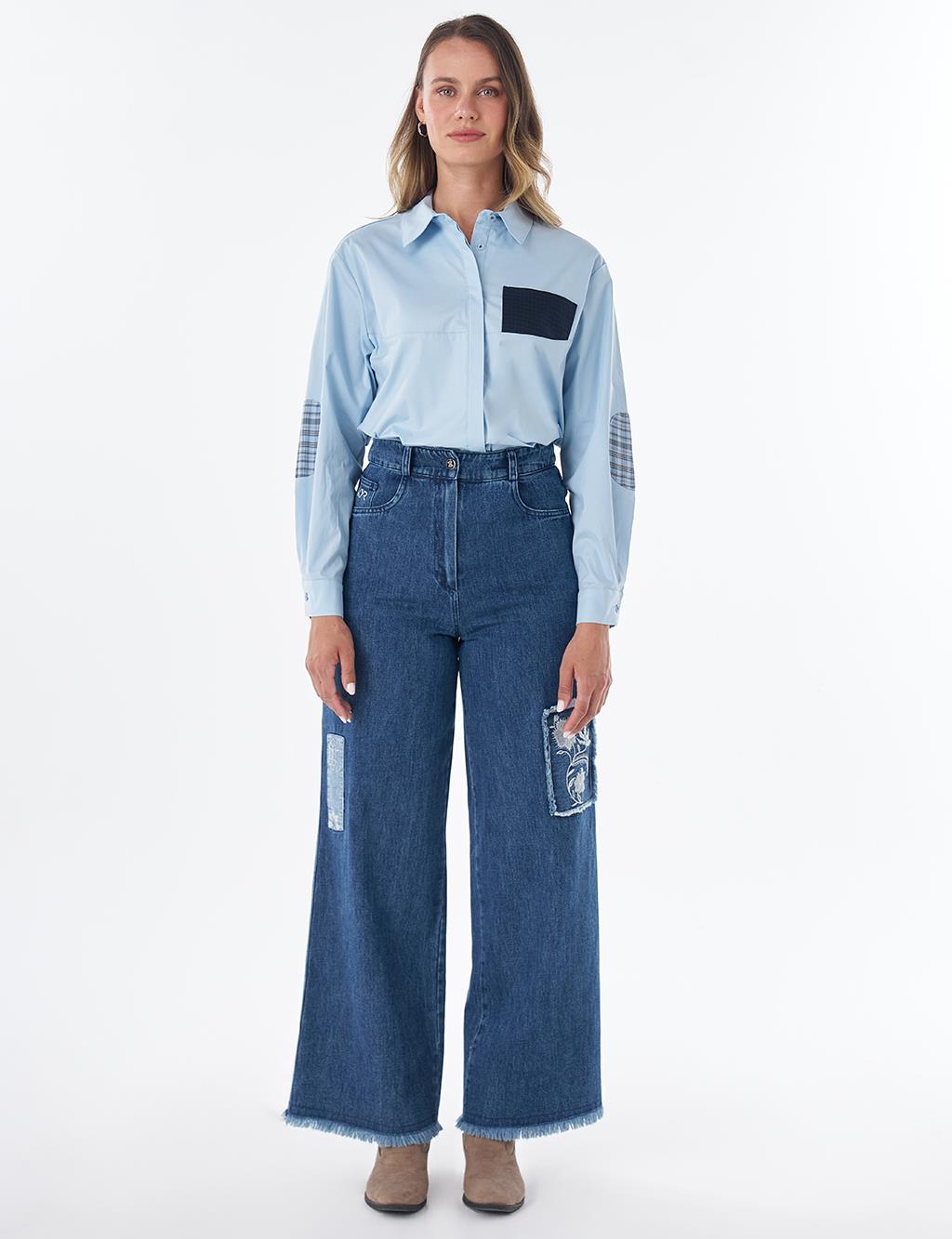 Washed Embroidered Denim Pants Blue