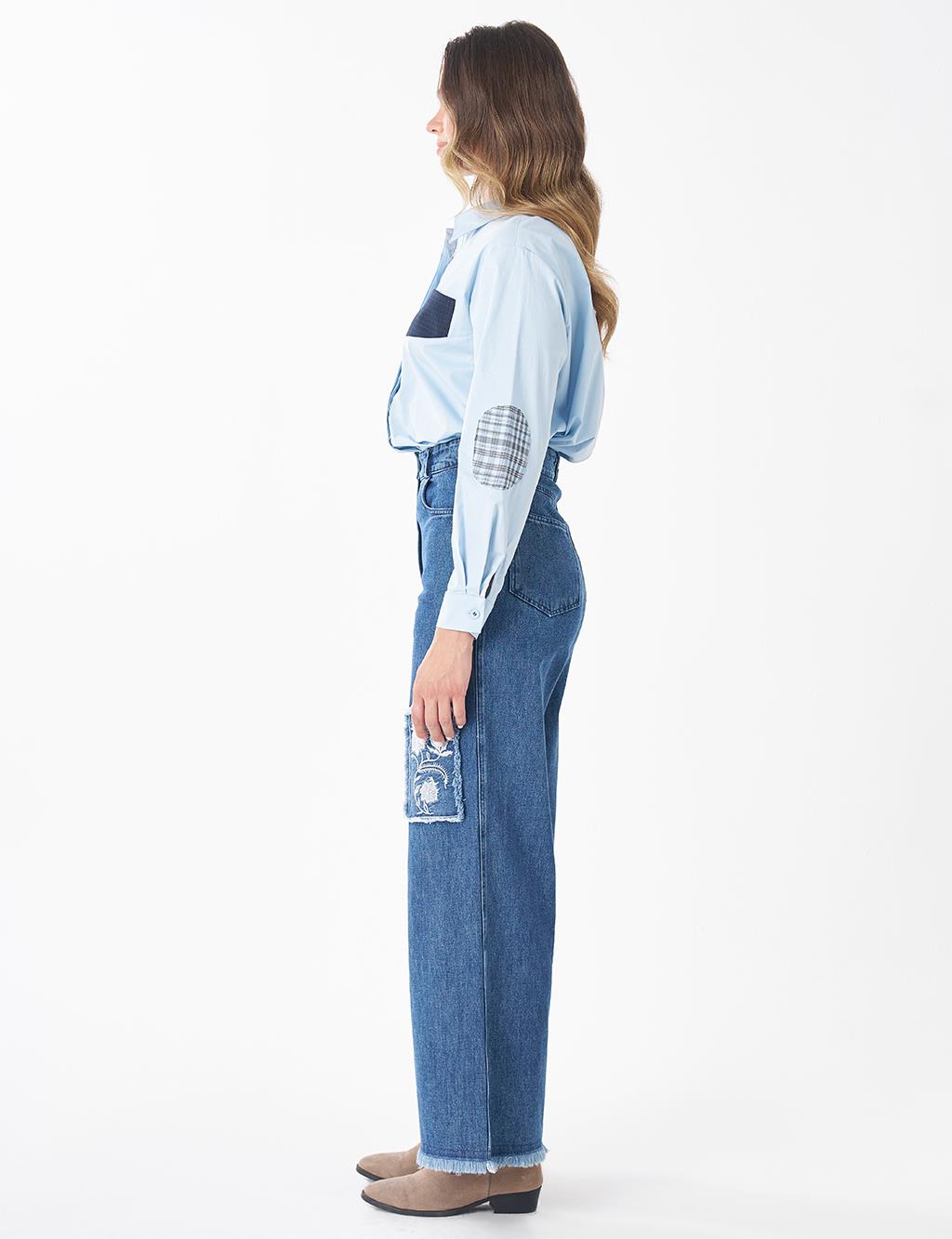 Washed Embroidered Denim Pants Blue