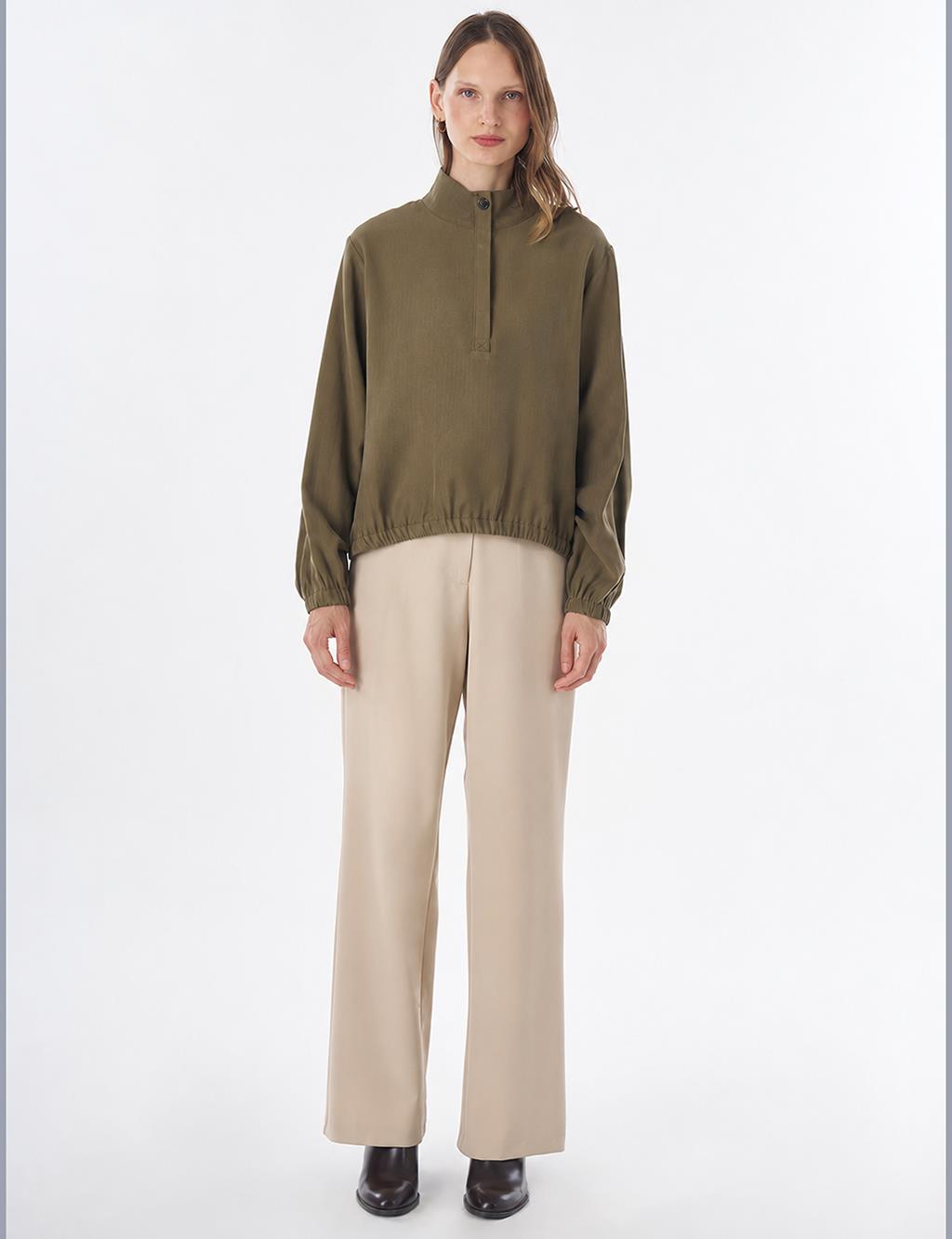Stand Collar Rayon Blouse Khaki