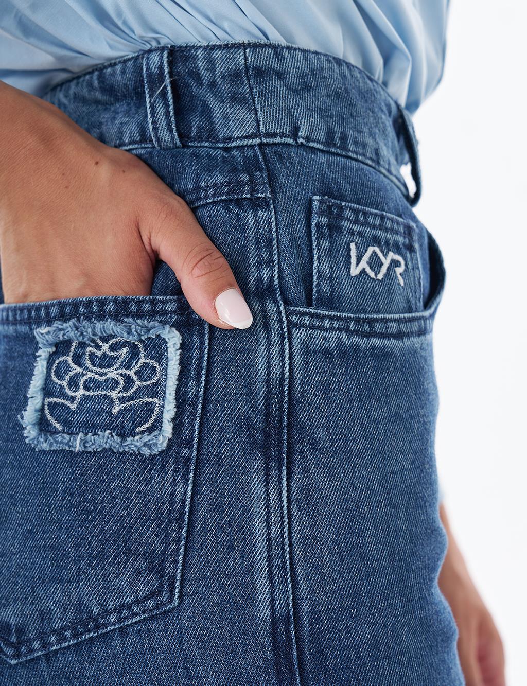 Washed Embroidered Denim Pants Blue