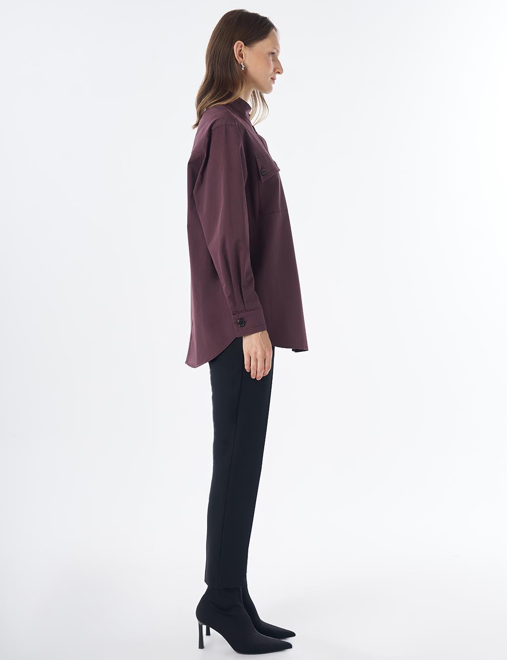 Band Collar Cotton Blouse Cocoa Powder