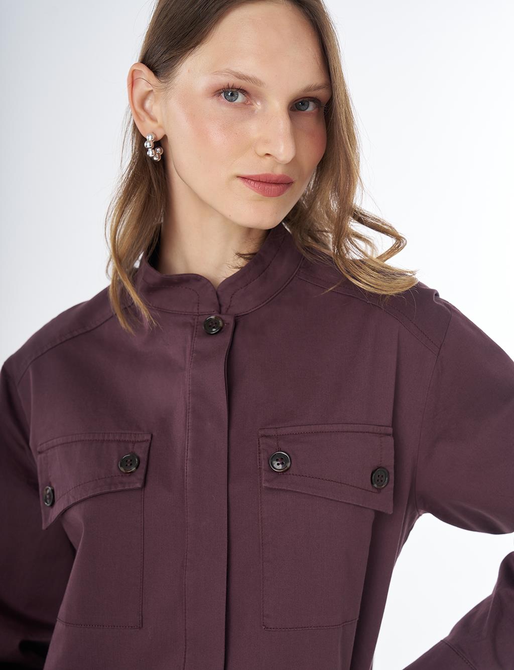 Band Collar Cotton Blouse Cocoa Powder