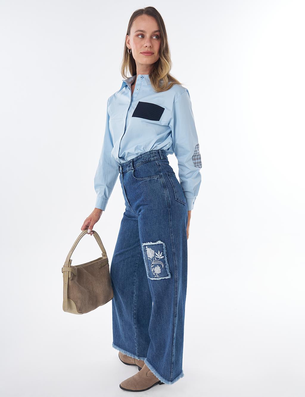 Washed Embroidered Denim Pants Blue