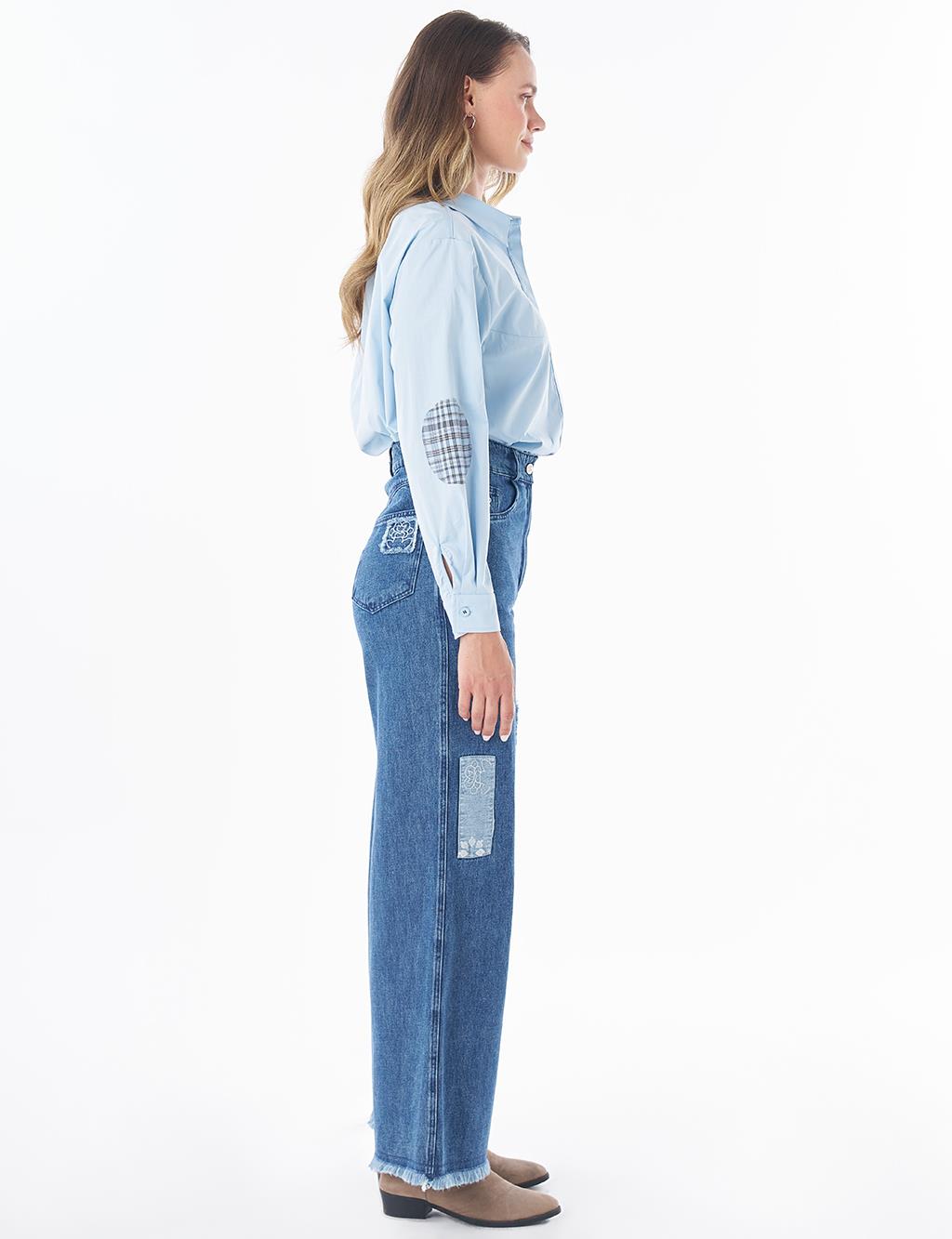 Washed Embroidered Denim Pants Blue