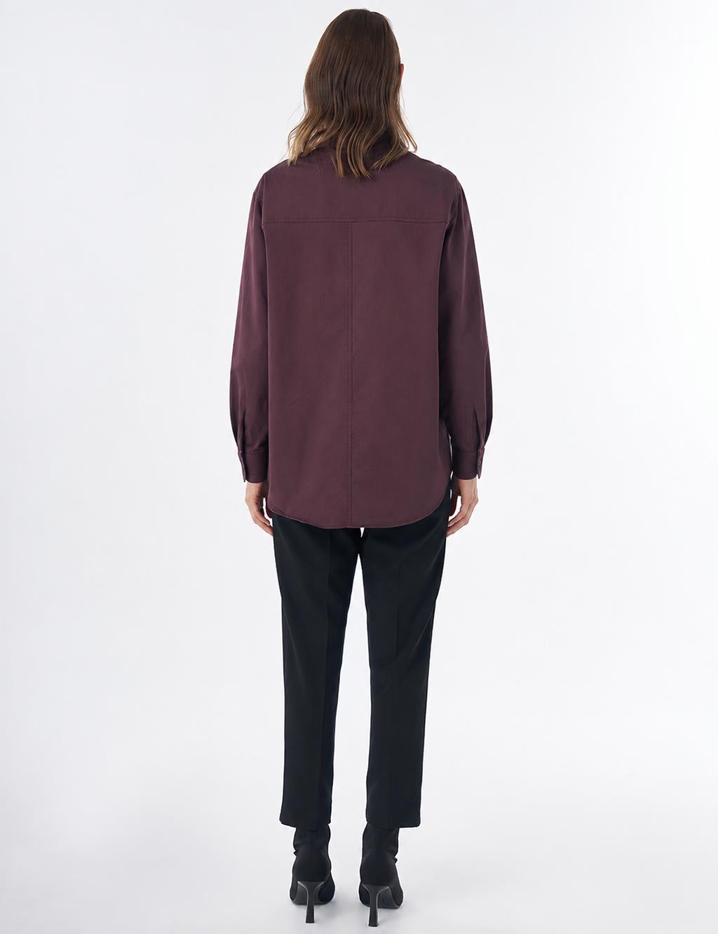Band Collar Cotton Blouse Cocoa Powder