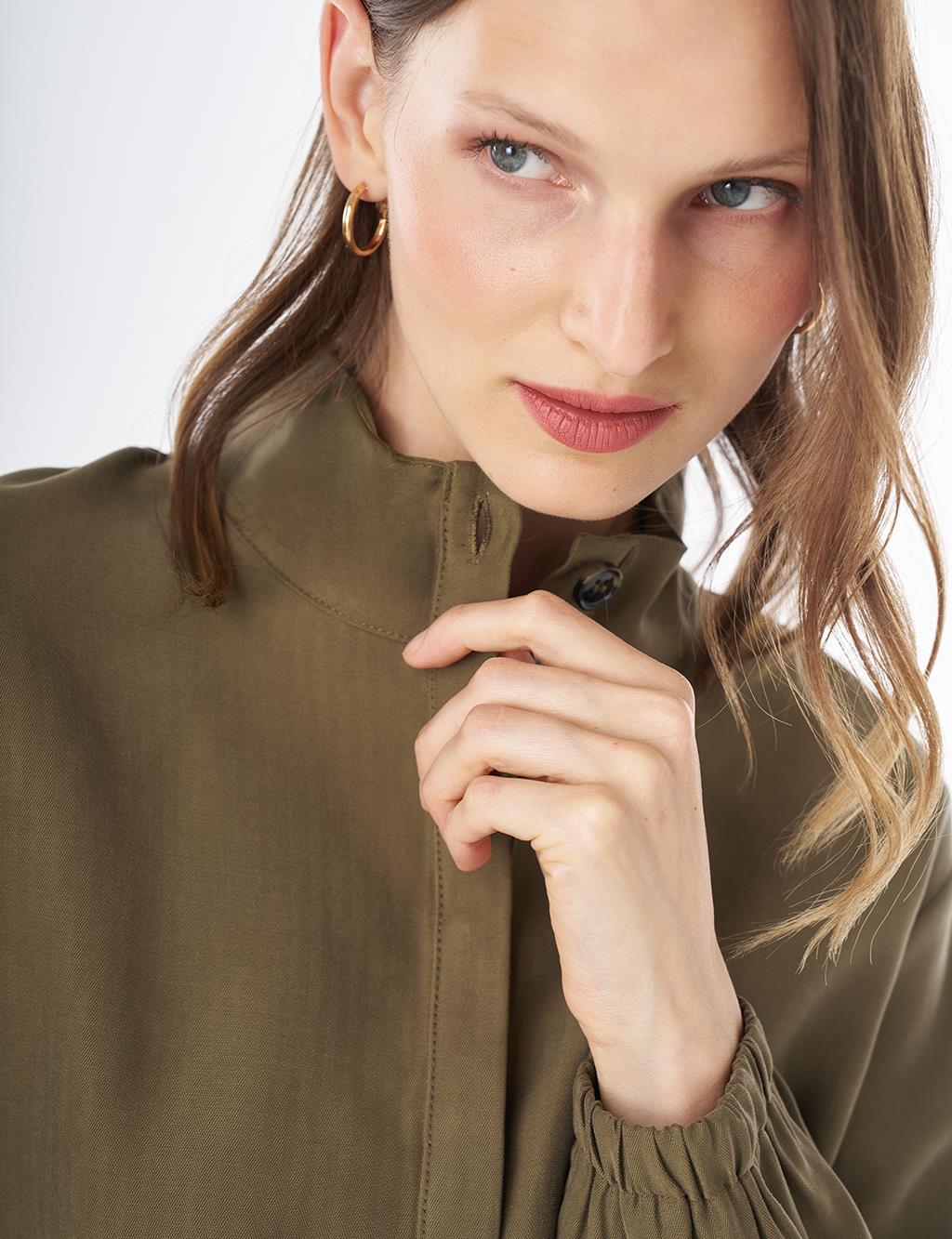 Stand Collar Rayon Blouse Khaki