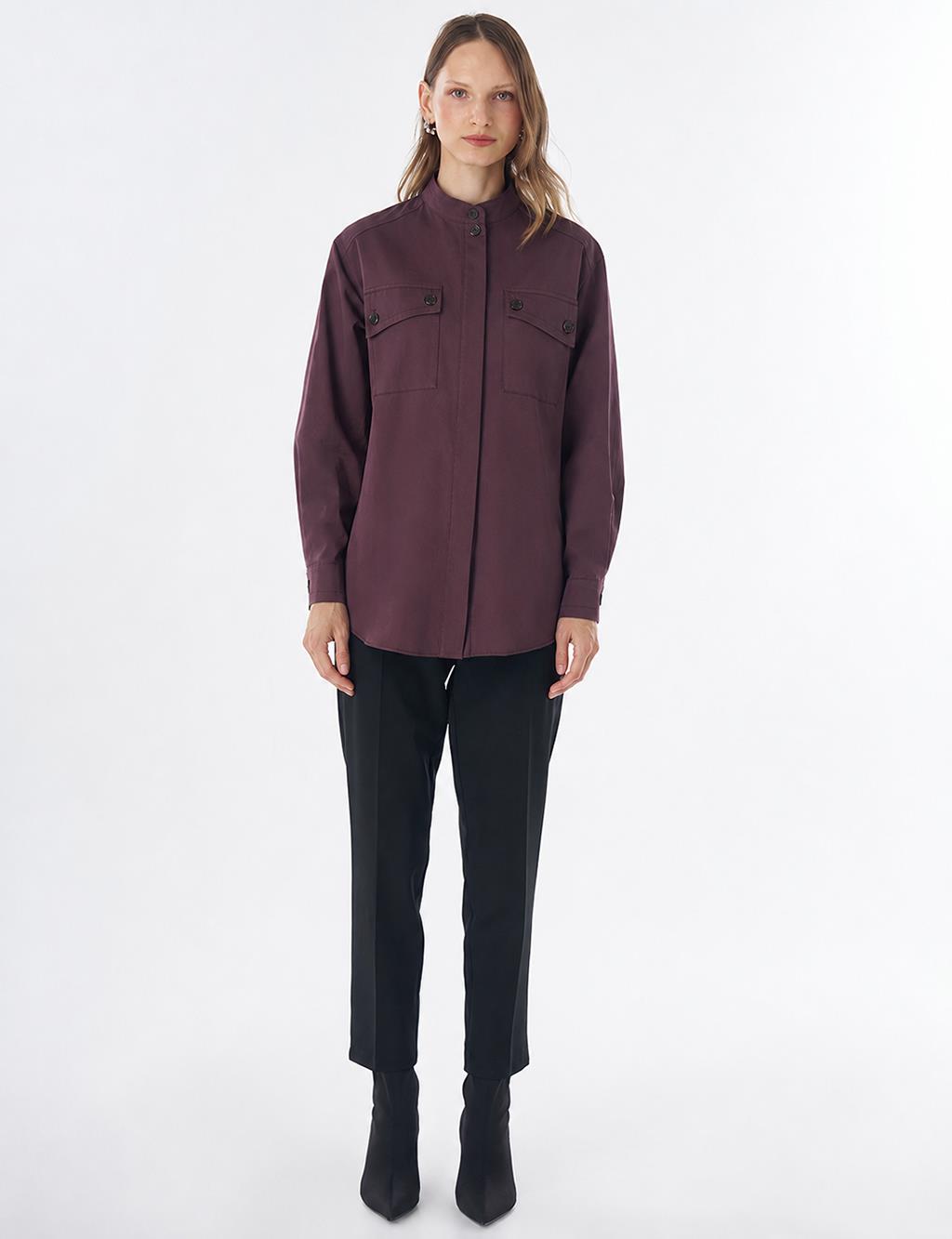Band Collar Cotton Blouse Cocoa Powder