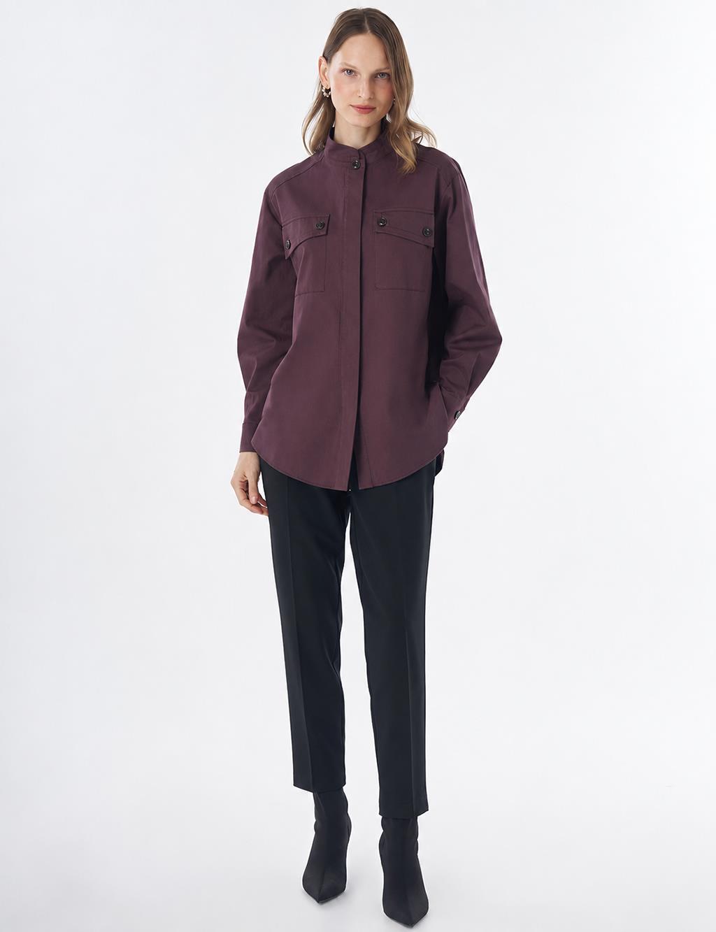 Band Collar Cotton Blouse Cocoa Powder