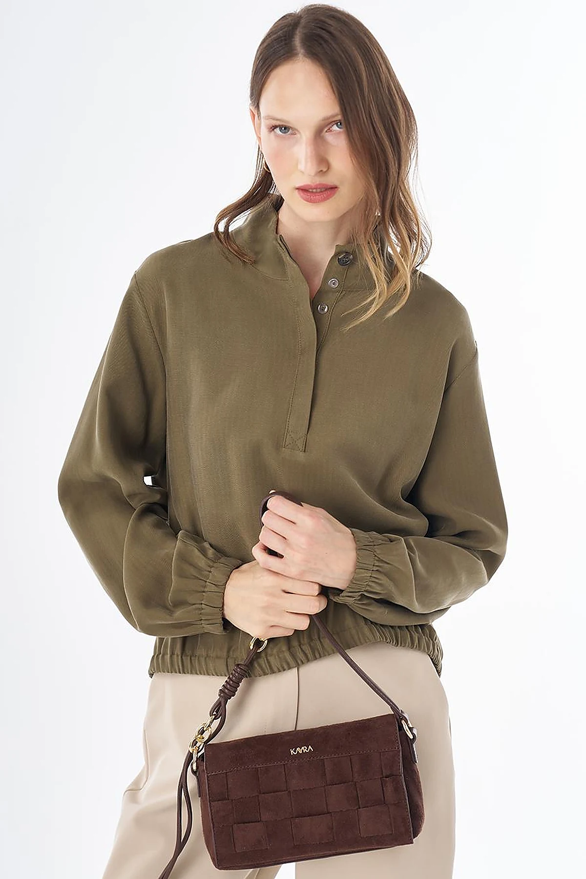 Stand Collar Rayon Blouse Khaki