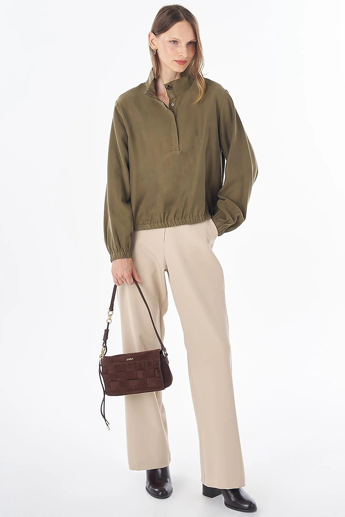 Stand Collar Rayon Blouse Khaki