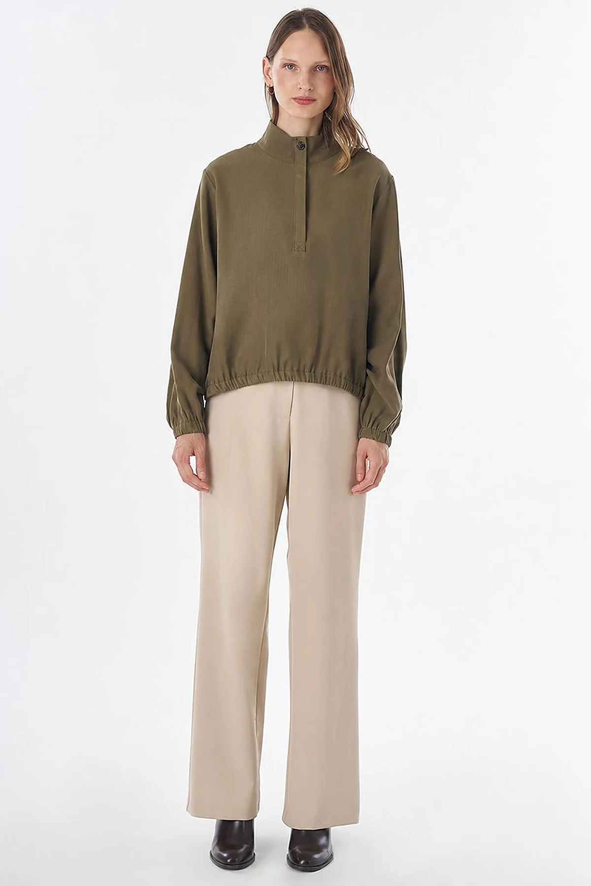 Stand Collar Rayon Blouse Khaki