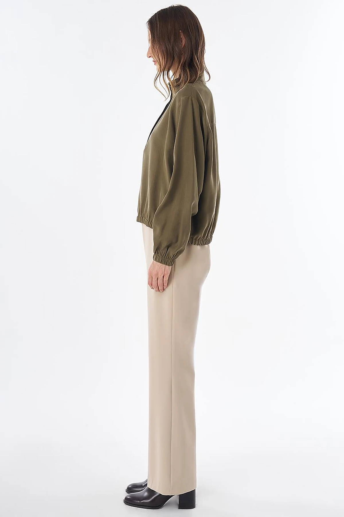 Stand Collar Rayon Blouse Khaki