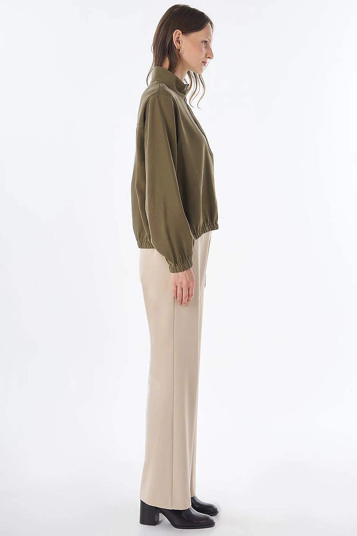 Stand Collar Rayon Blouse Khaki