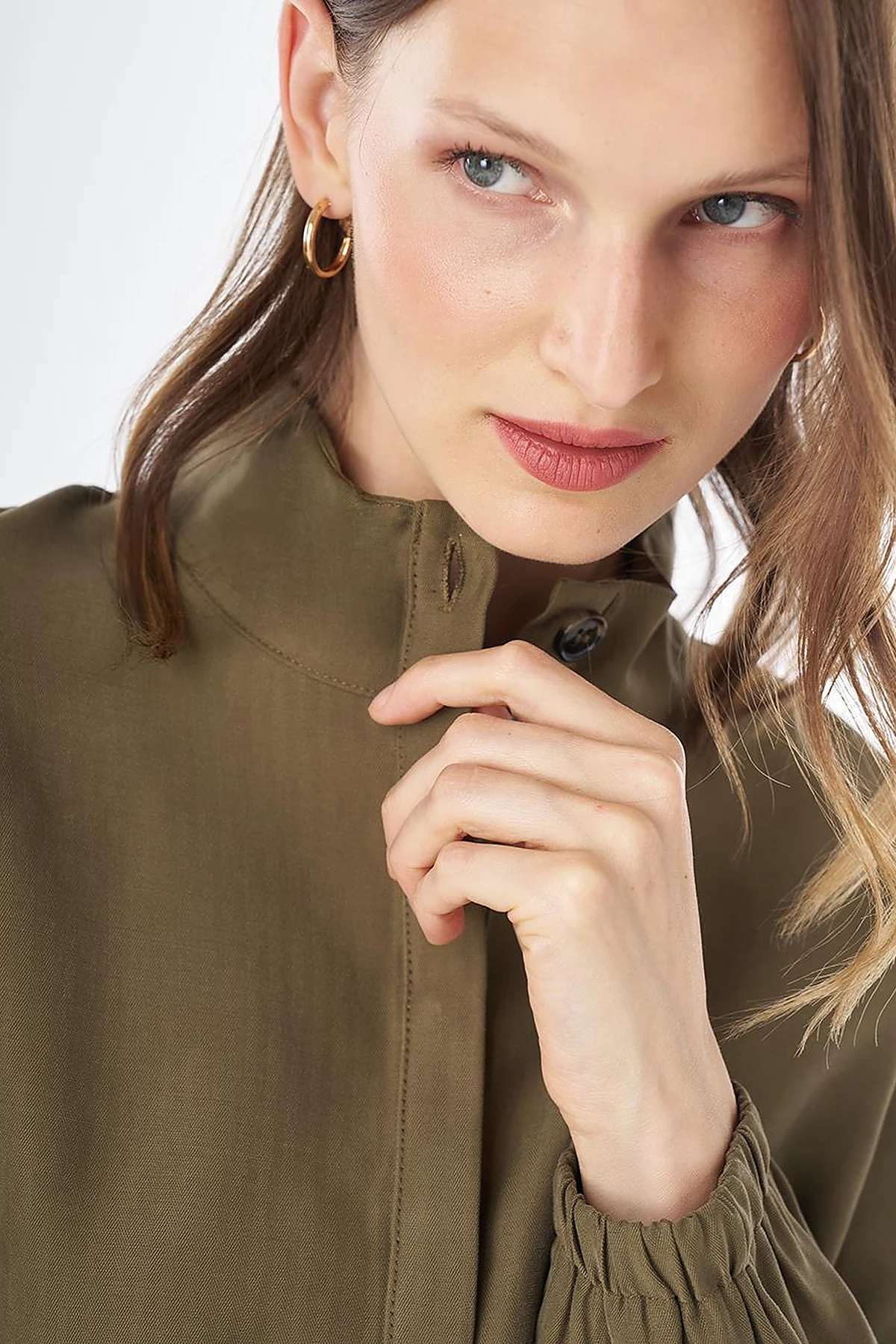 Stand Collar Rayon Blouse Khaki