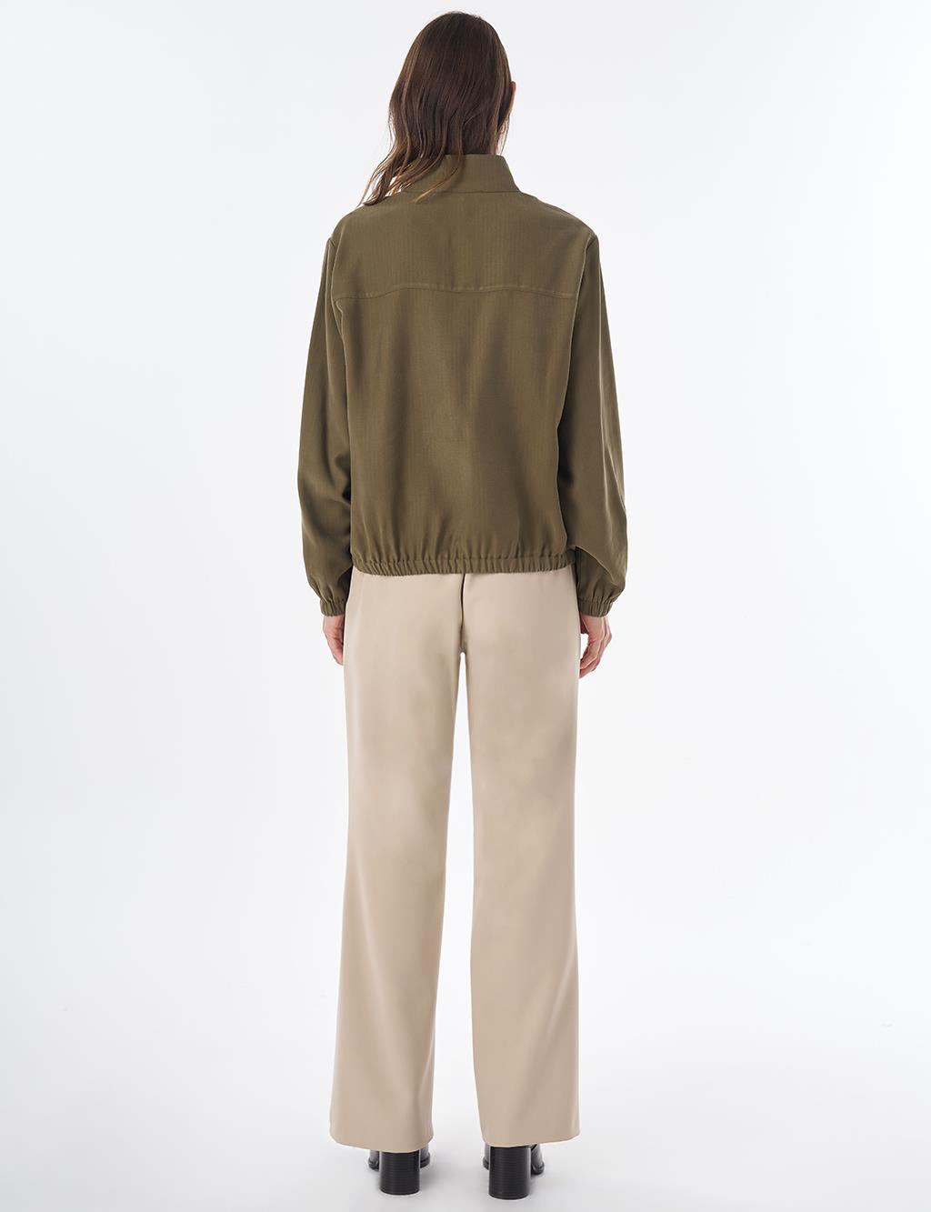 Stand Collar Rayon Blouse Khaki