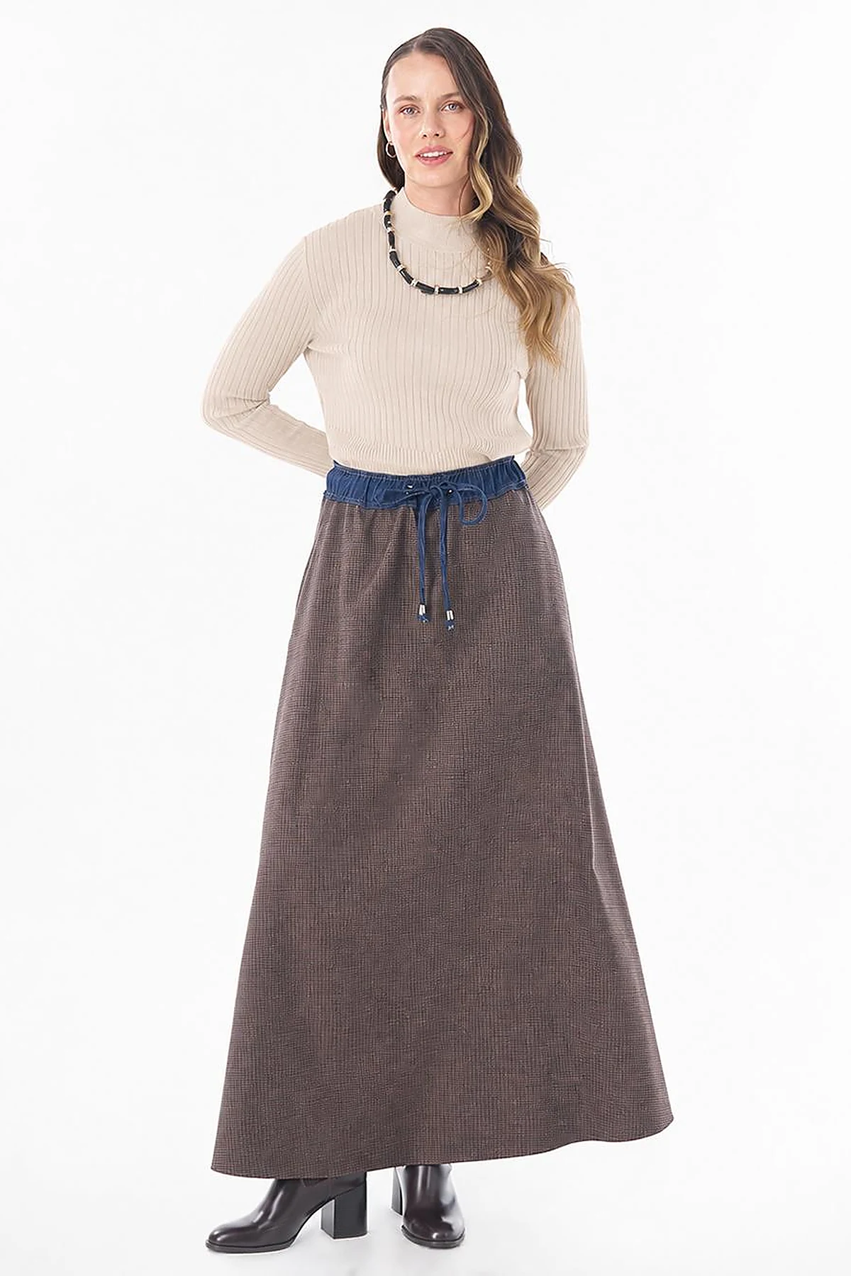 Plaid Flared Skirt Brown