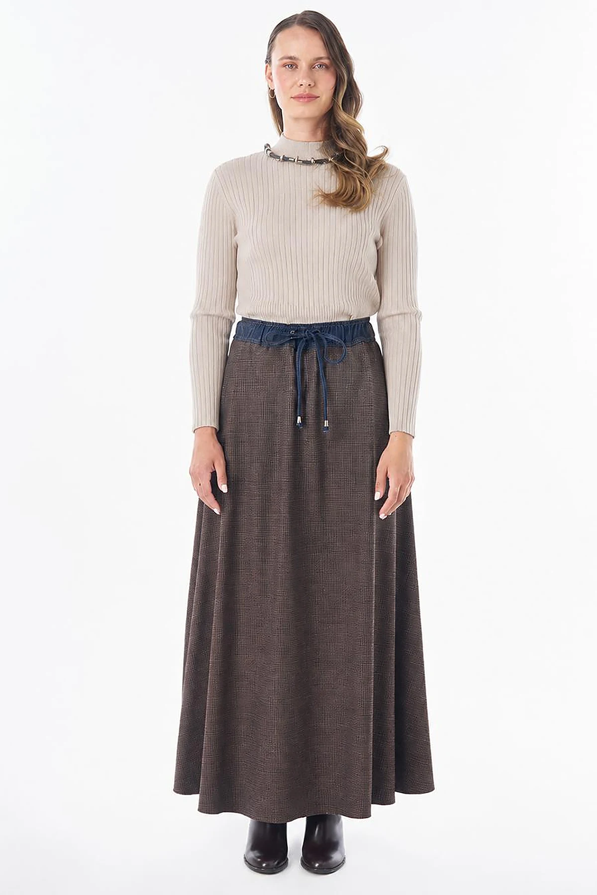 Plaid Flared Skirt Brown