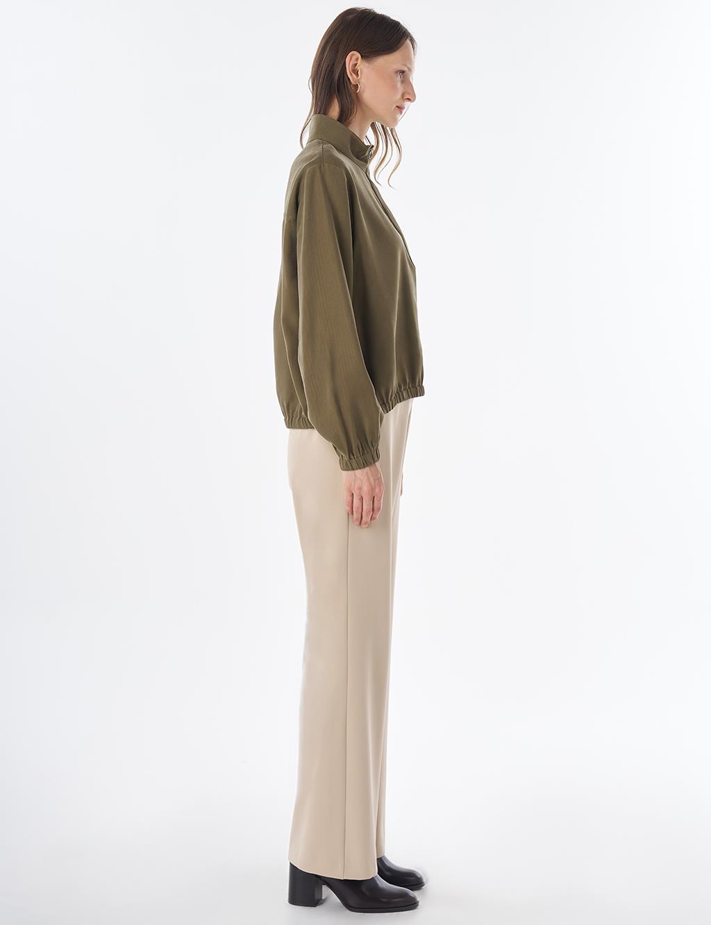 Stand Collar Rayon Blouse Khaki